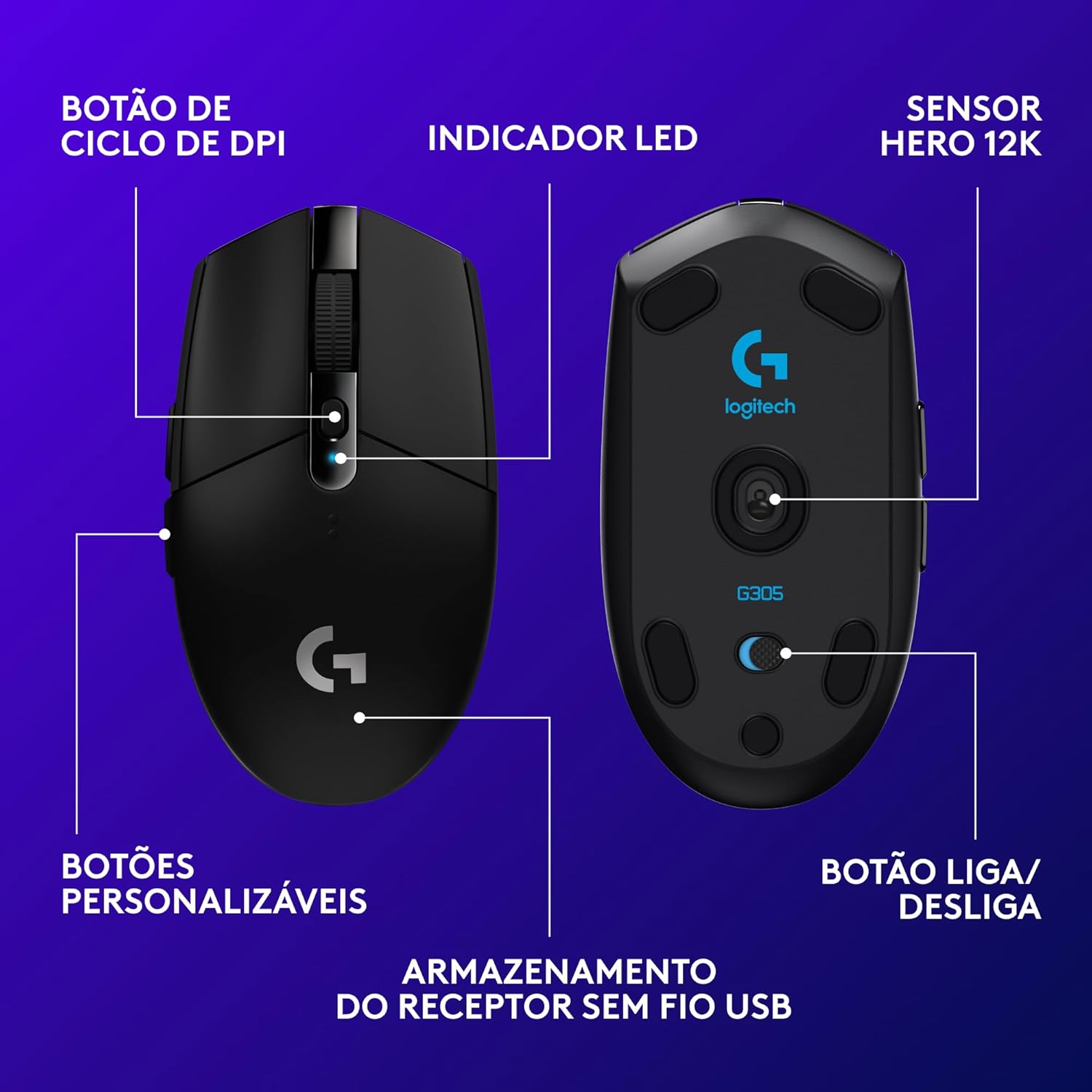 Mouse Gamer Sem Fio Logitech G305 LIGHTSPEED com 6 Botões Programáveis e Até 12.000 DPI - Preto: imagem adicional