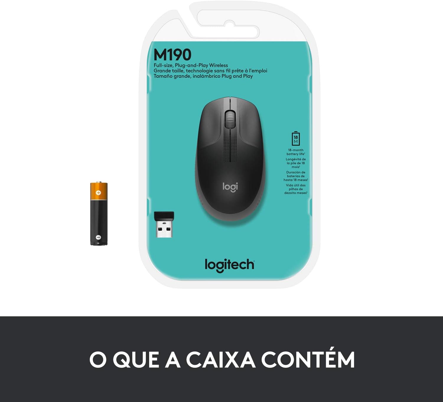 Mouse sem fio Logitech M190 com Design Ambidestro de Tamanho Padrão, Conexão USB e Pilha Inclusa - Cinza: imagem adicional