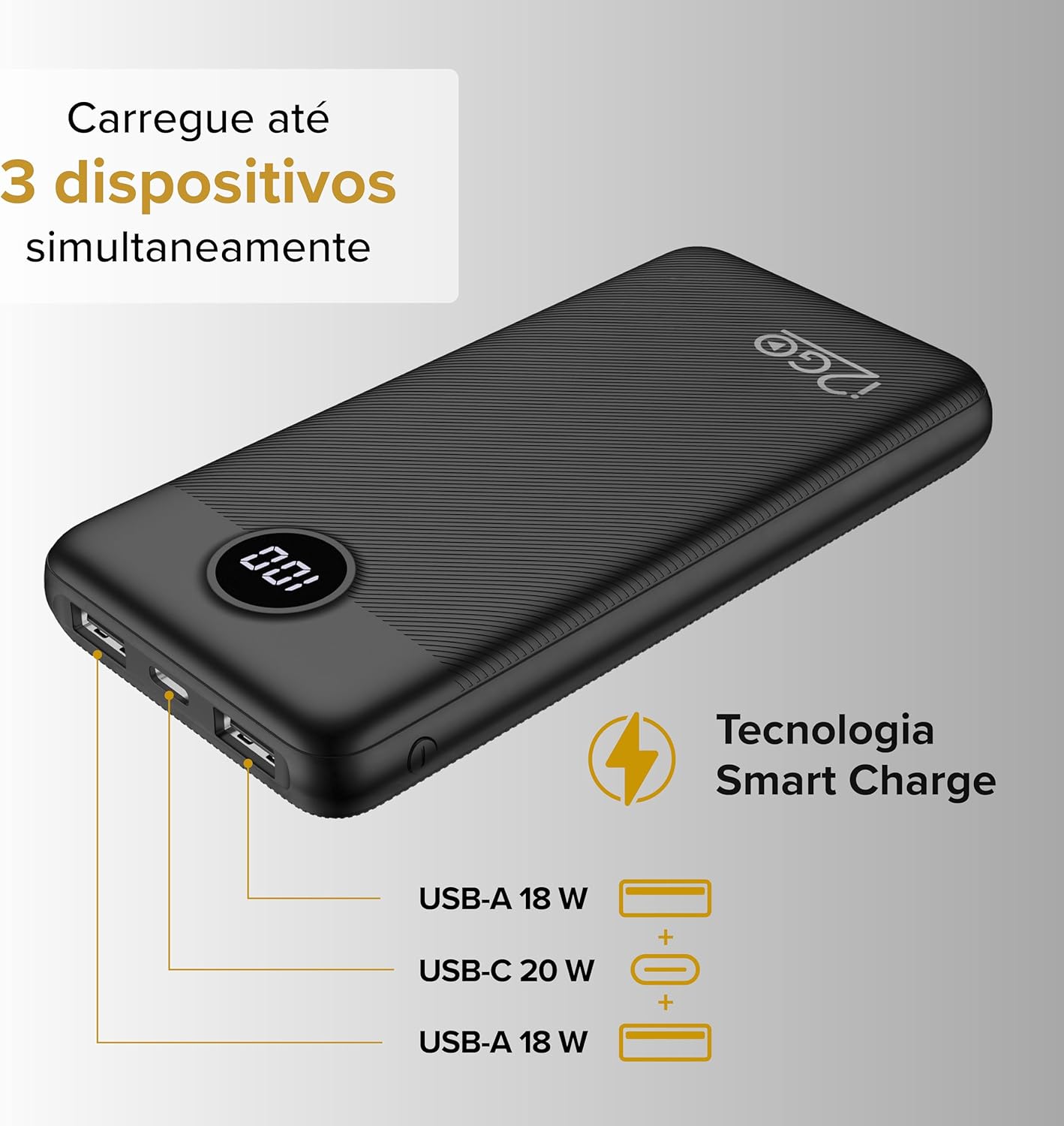 I2GO, Carregador Portátil (Power Bank) Ultra Rápido 20000mAh, Power Delivery 20W, 2 Saídas USB + 1 Saída/Entrada USB-C, Preto, i2GO PRO: imagem adicional
