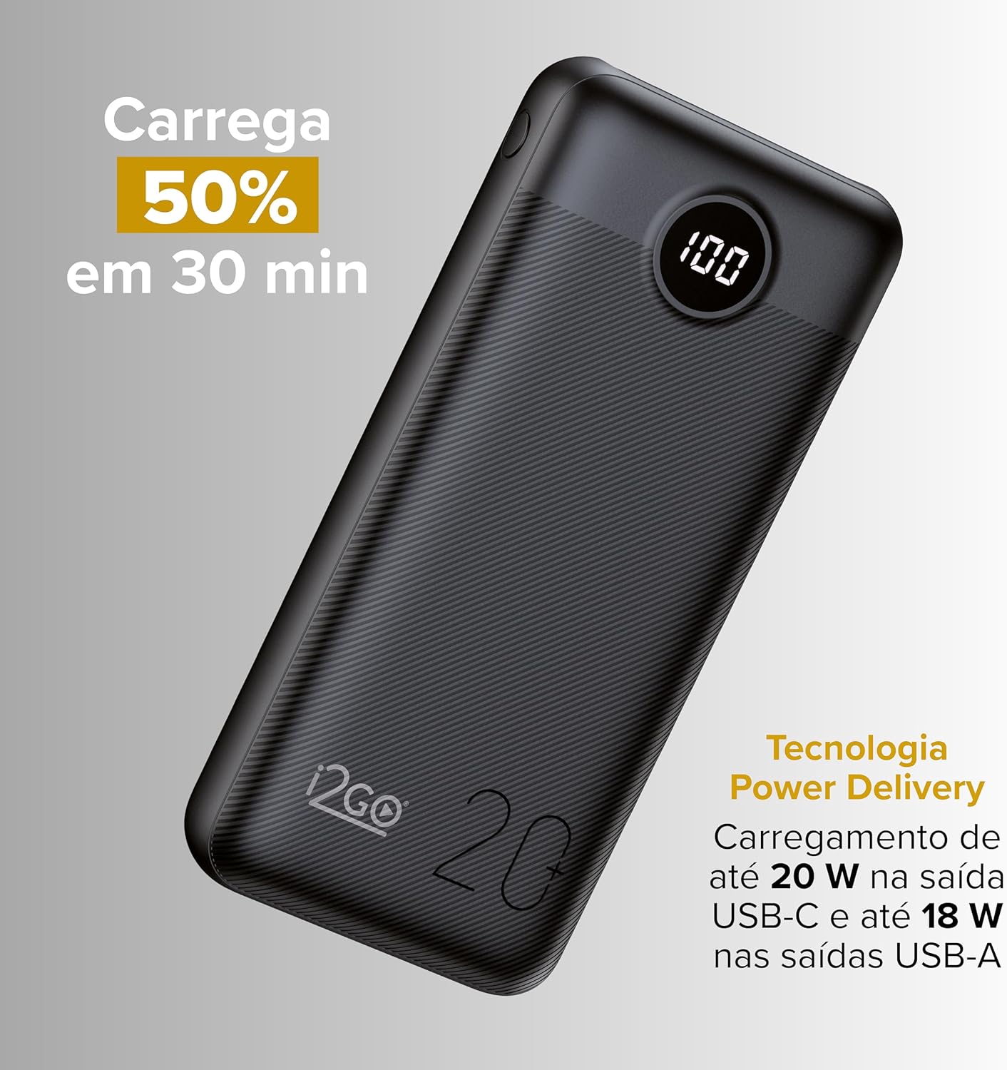 I2GO, Carregador Portátil (Power Bank) Ultra Rápido 20000mAh, Power Delivery 20W, 2 Saídas USB + 1 Saída/Entrada USB-C, Preto, i2GO PRO: imagem adicional