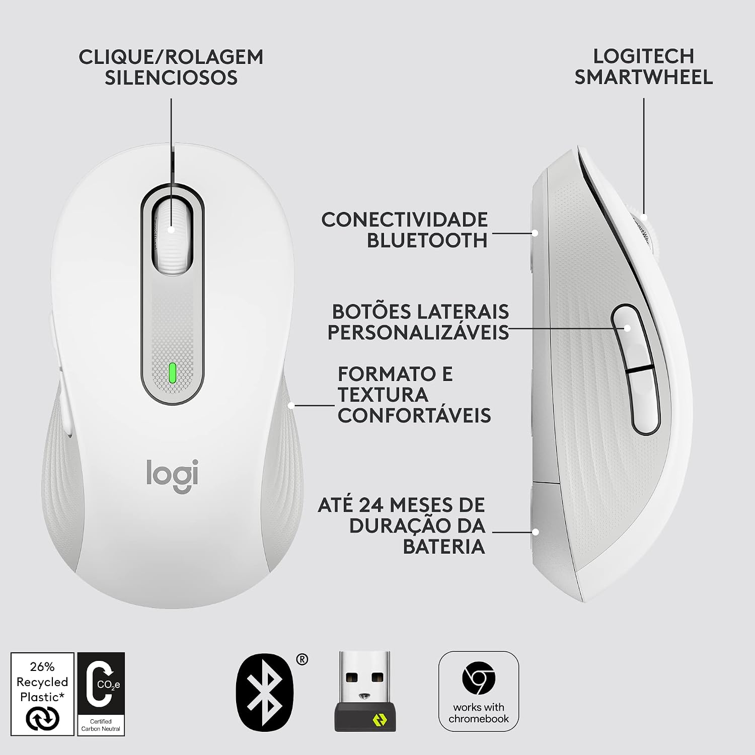 Mouse Sem Fio Logitech Signature M650 L com Design de Tamanho Padrão, Clique Silencioso, Botões Laterais Personalizáveis, Conexão USB e Bluetooth - Branco: imagem adicional