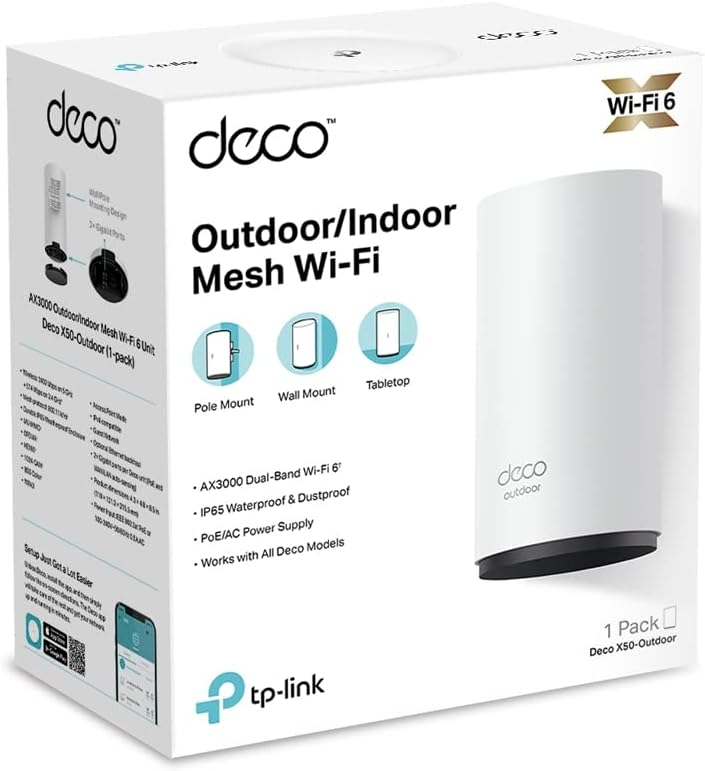 TP-Link Deco X50-Outdoor (1 un.) Roteador Mesh Wi-Fi 6 AX3000 Dual Band, Uso Externo e Interno, Cobertura de até 230 m², até 150 Dispositivos, IP65, PoE/AC e Mesh Gerenciado por IA