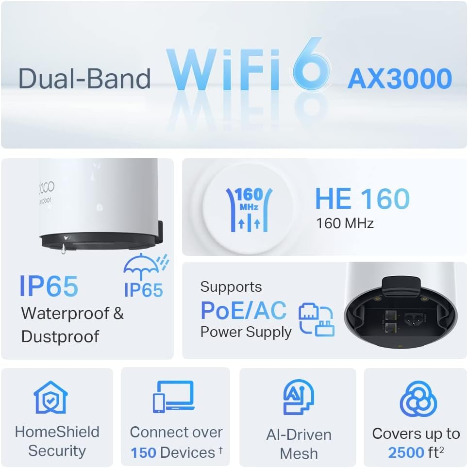 TP-Link Deco X50-Outdoor (1 un.) Roteador Mesh Wi-Fi 6 AX3000 Dual Band, Uso Externo e Interno, Cobertura de até 230 m², até 150 Dispositivos, IP65, PoE/AC e Mesh Gerenciado por IA: imagem adicional