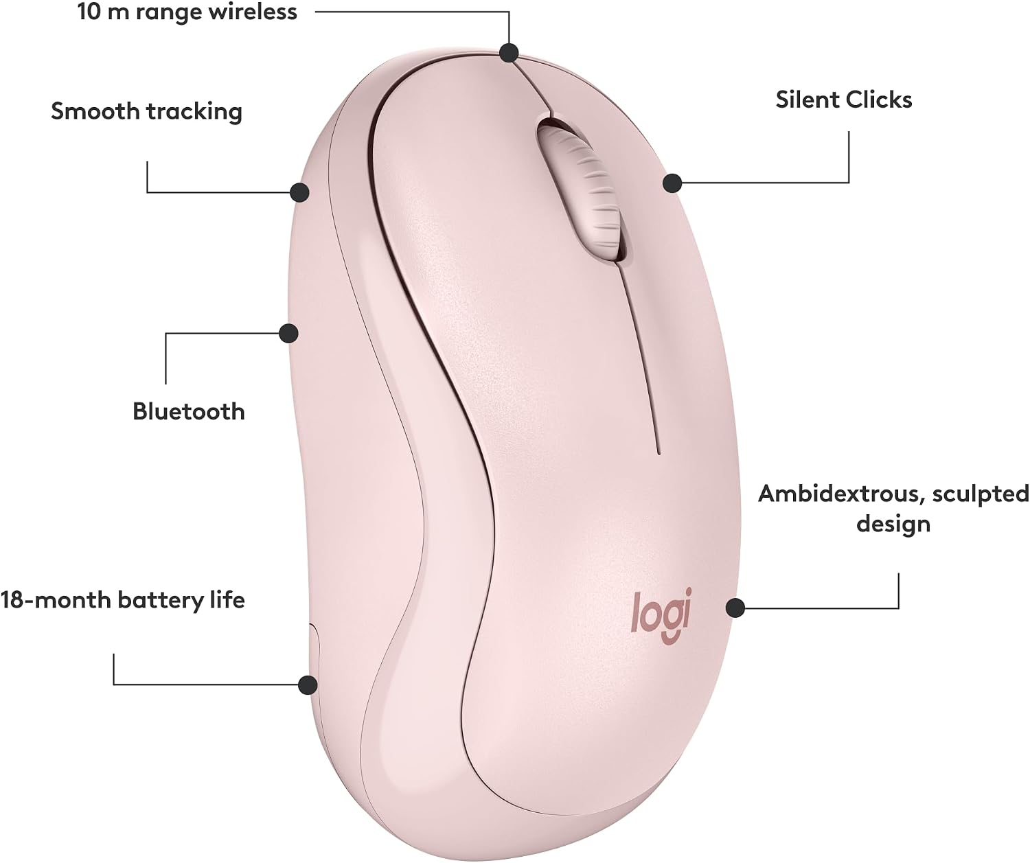 Mouse Sem Fio Logitech M240 com Conexão Bluetooth, Clique Silencioso, Design Ambidestro Compacto, Bateria de 18 Meses, Compatível com Windows, macOS, ChromeOS - Rosa: imagem adicional