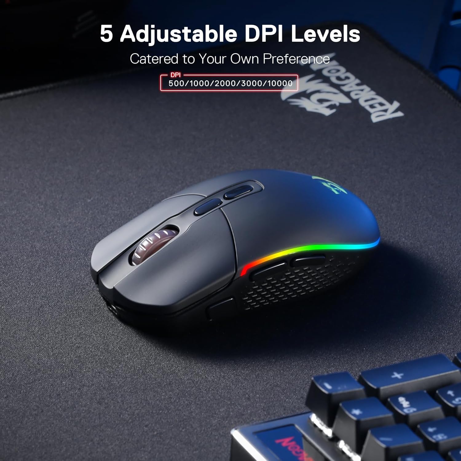 Mouse Gamer Redragon Invader Pro Híbrido Sem Fio 2.4GHz Cabo Paracord USB-C Removível 10000 DPI 9 Botões Preto M719RGB-PRO: imagem adicional