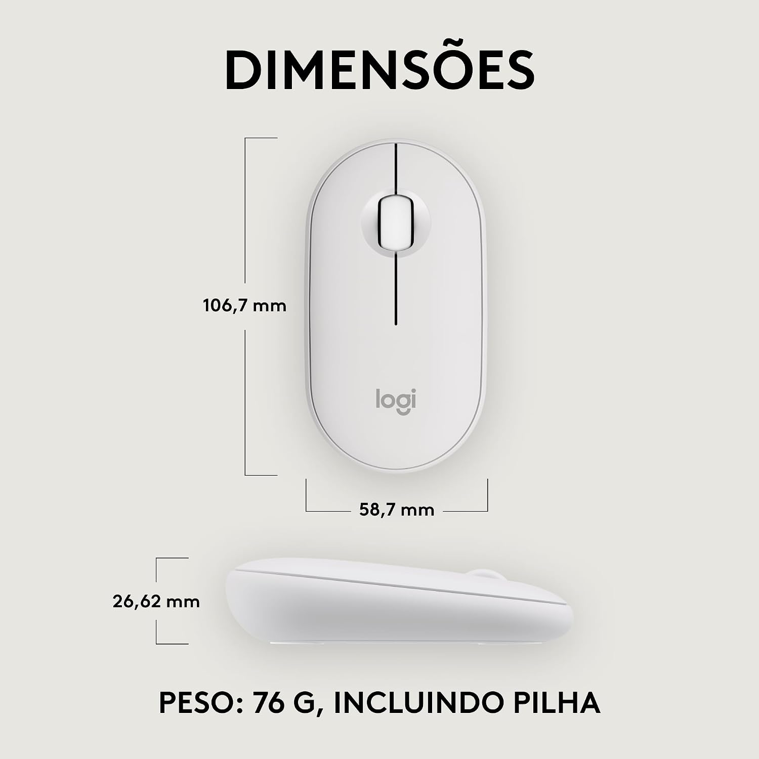 Mouse sem fio Logitech Pebble 2 M350s com Clique Silencioso, Design Slim Ambidestro, Conexão Bluetooth e Pilha Inclusa - Branco: imagem principal