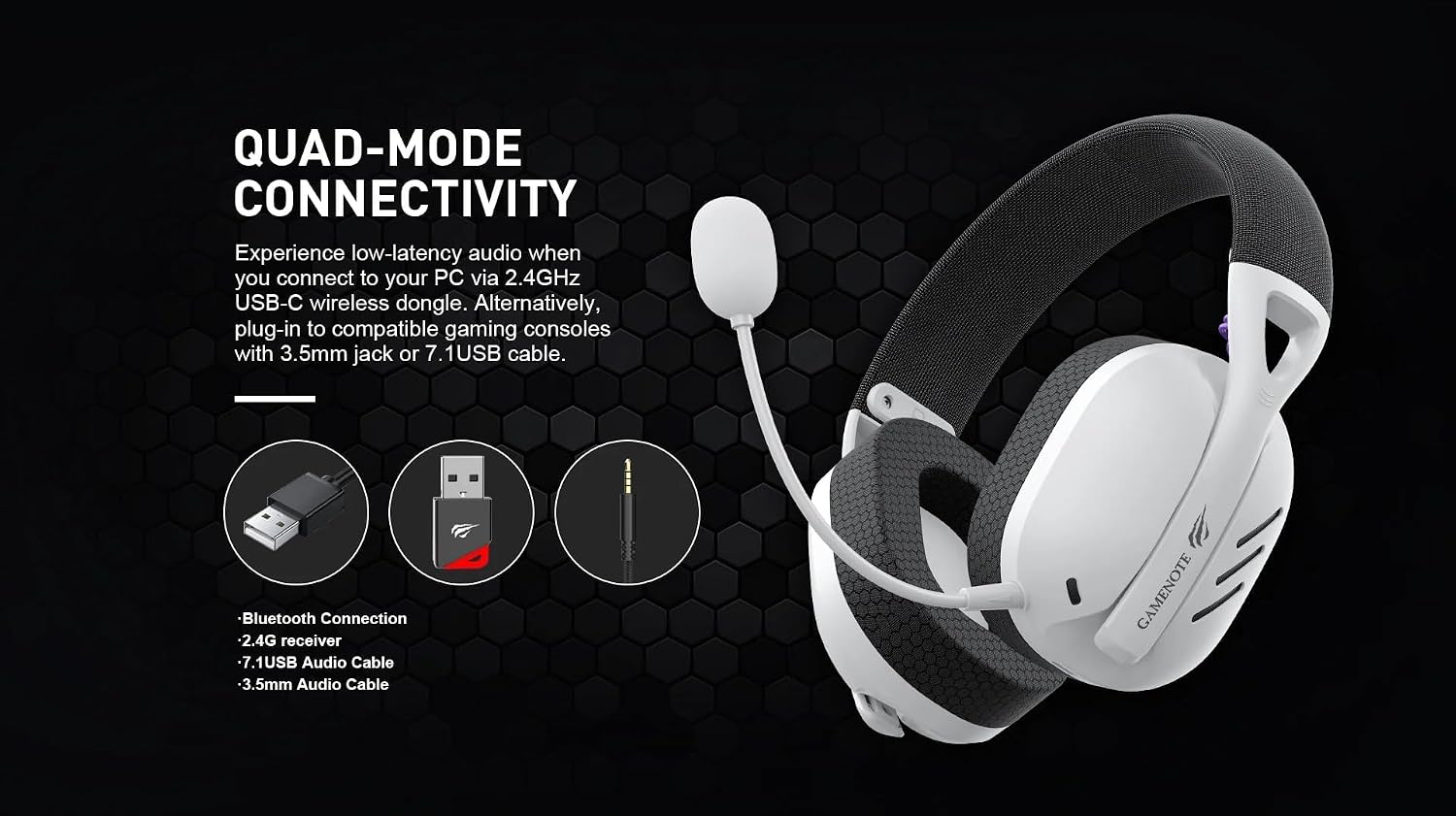 Havit Fone de Ouvido Headset Gamer Fuxi-H3 White Black, Com Fio e Sem Fio, Wireless 2,4GHz, Bluetooth, Cabo USB-C, Cabo 3,5mm. Surround, Baixa Latência, Quad-Mode: imagem adicional