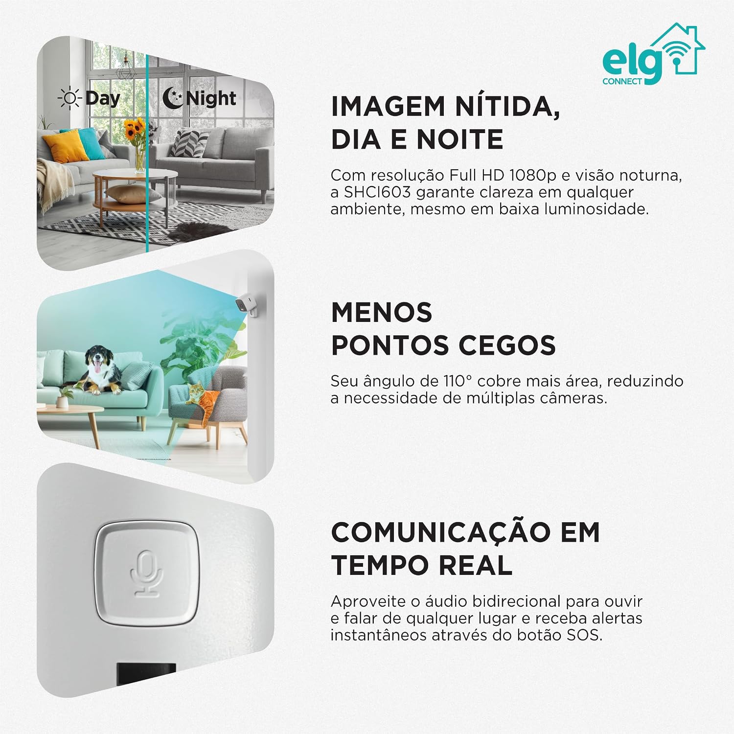 ELG, SHCI603, Câmera interna 1080P Full HD Inteligente Wi-Fi com Botão SOS, Áudio Bidirecional, Visão Noturna e Detecção de Movimentos, Branco: imagem adicional