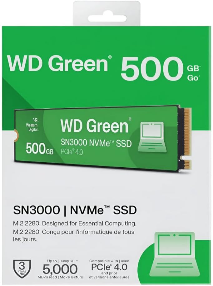 Western Digital SSD interno 500GB WD Green SN3000 NVMe - Unidade de estado sólido - PCIe Gen4, M.2 2280, até 5.000 MB/s - WDS500G4G0E: imagem principal