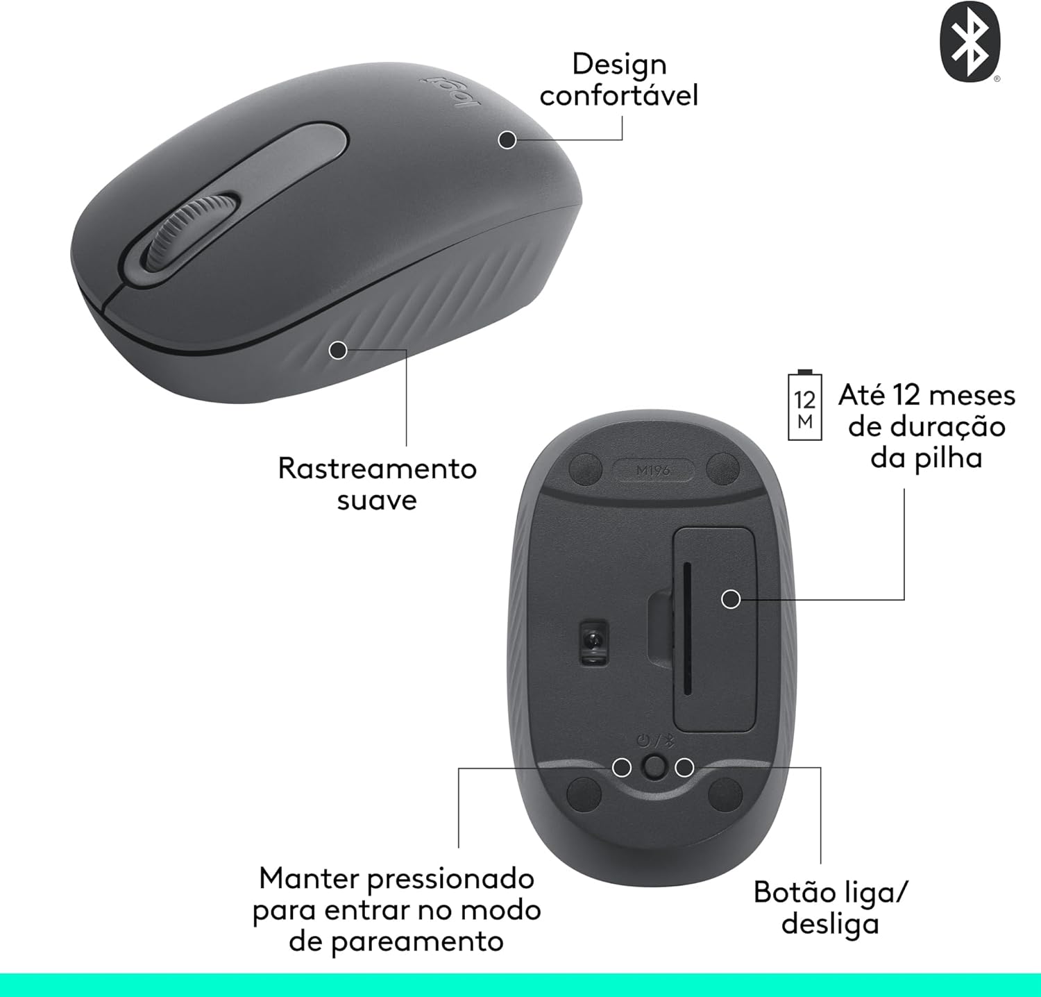 Mouse sem fio Logitech M196 com Conexão Bluetooth, Design Ambidestro Compacto, Rastreamento Preciso, Compatível com PC e Mac, Windows e macOS - Grafite: imagem adicional