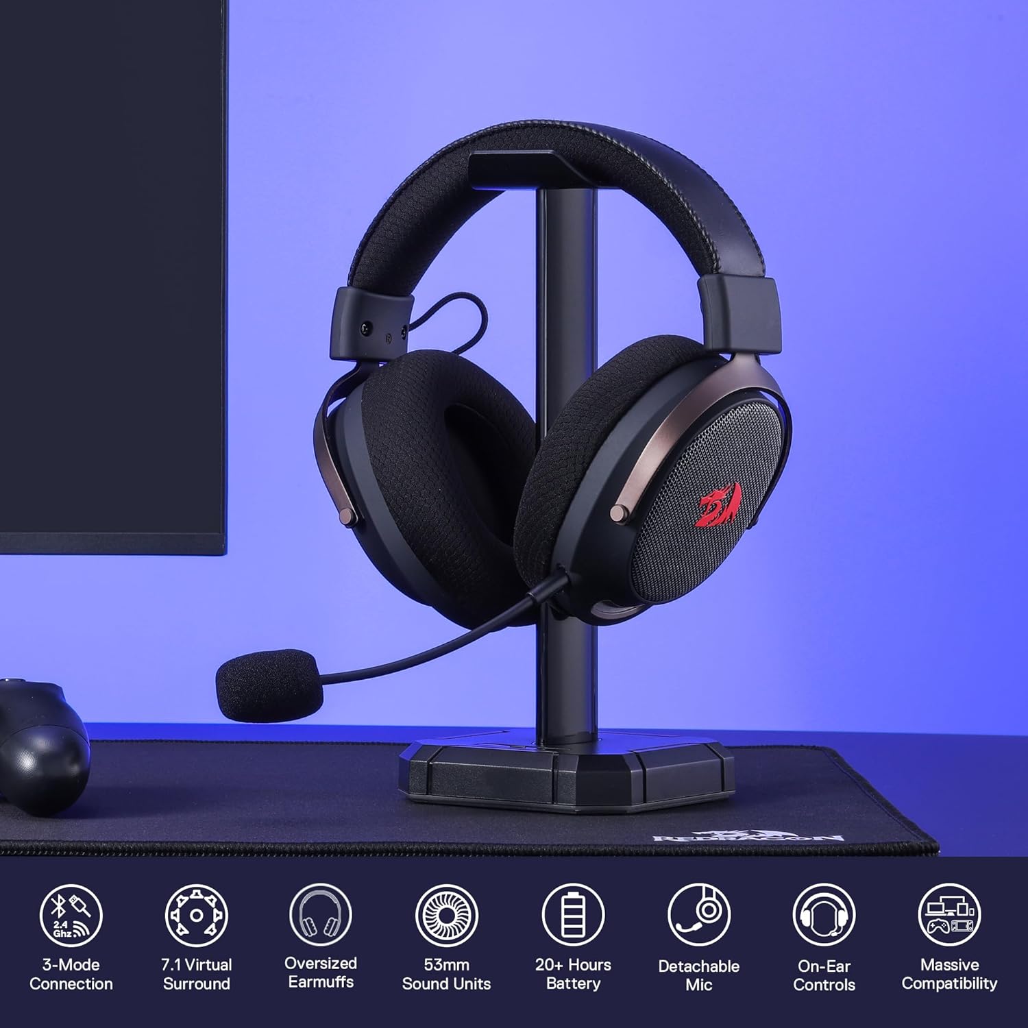 Headset Gamer Redragon Arrow Preto 7.1 Surround Virtual USB Tipo-C Microfone Removível Drivers 53mm H858: imagem adicional