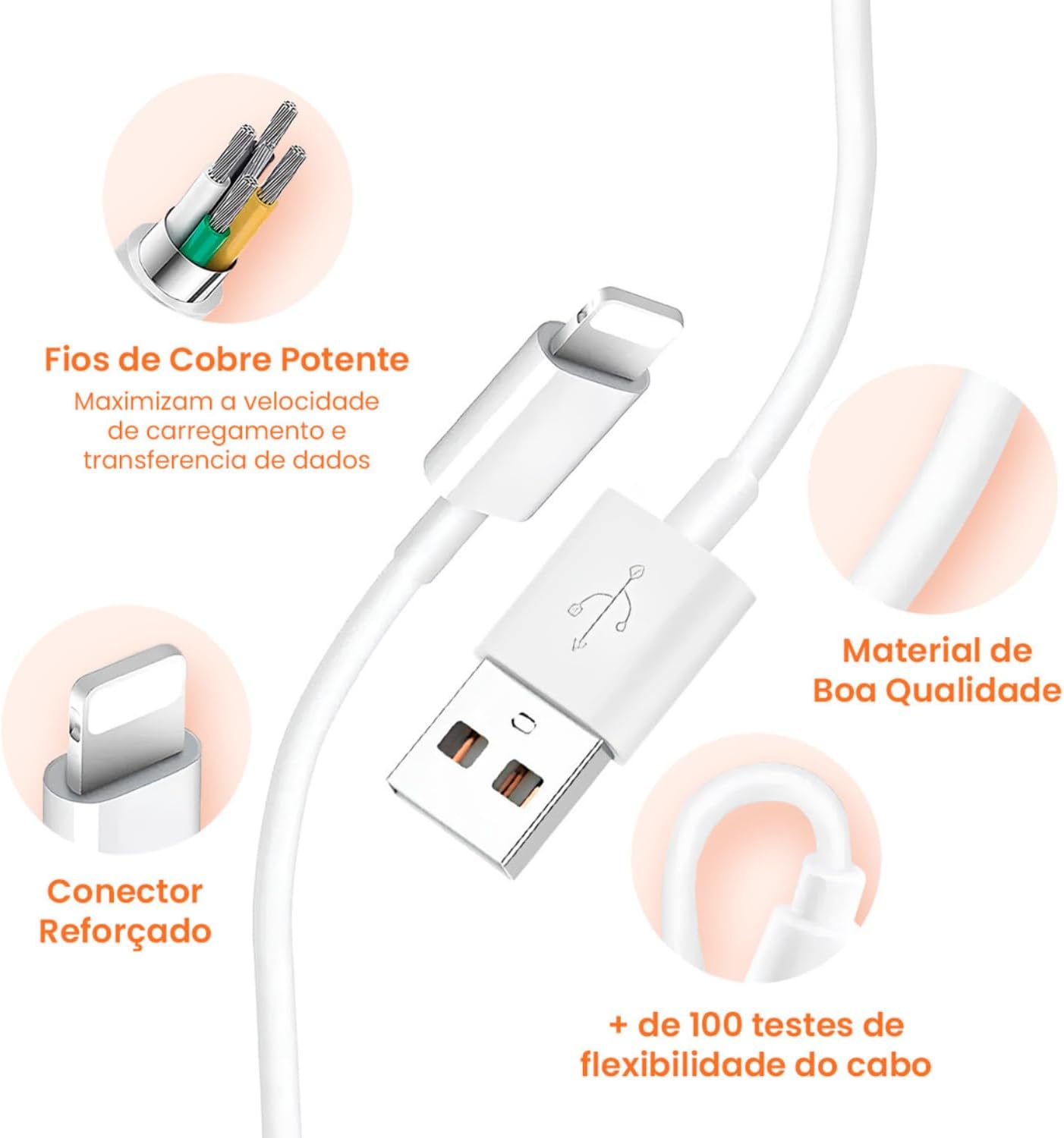 Cabo USB para Lightning Reforçado 1M, Compatível com iPhone 6 7 8 X Xs 11 Se 12 Xr 13 14 Pro Max – Carregamento Turbo e Transferência de Dados: imagem adicional