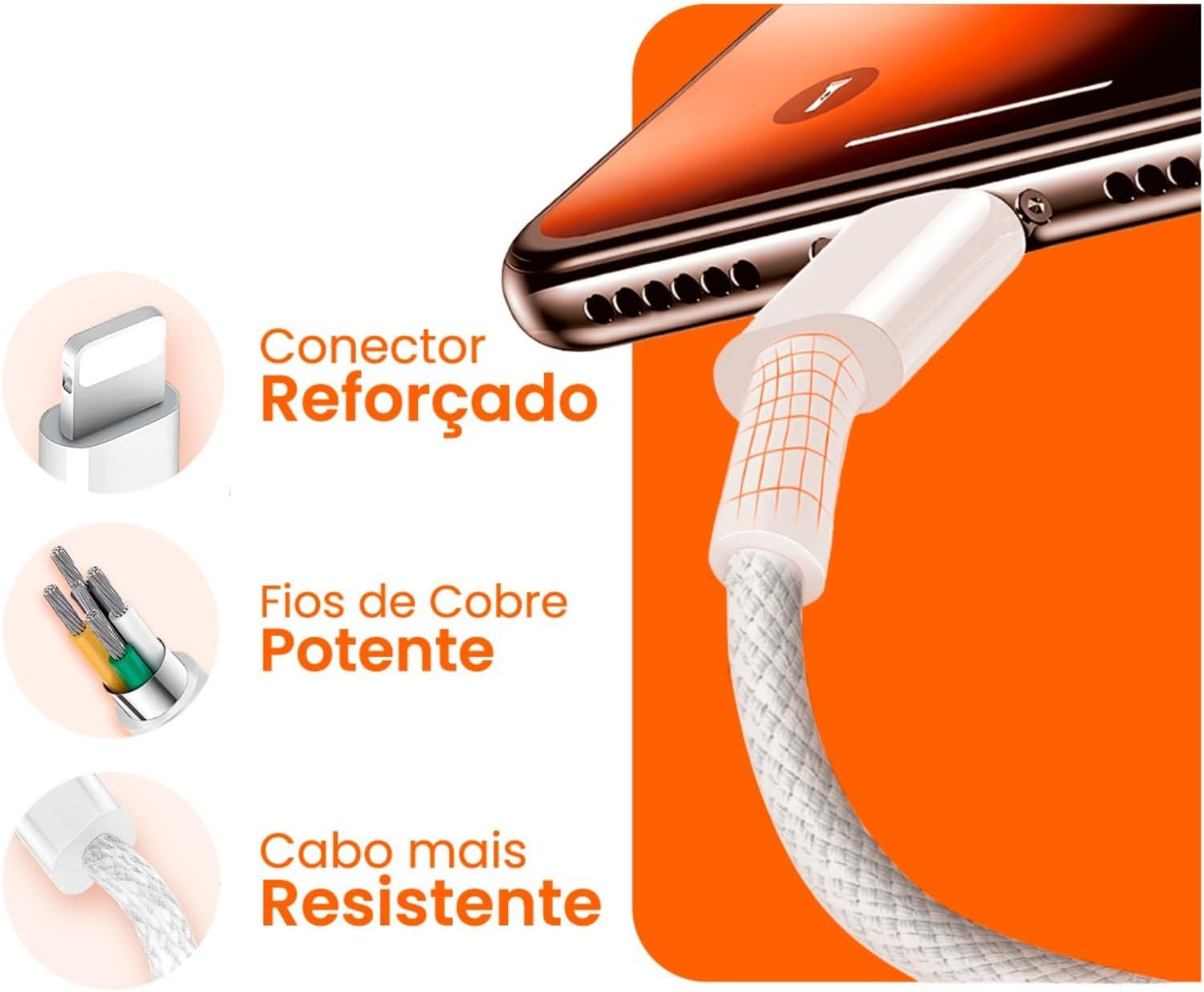 Cabo USB para Lightning Reforçado 1M, Compatível com iPhone 6 7 8 X Xs 11 Se 12 Xr 13 14 Pro Max – Carregamento Turbo e Transferência de Dados: imagem adicional