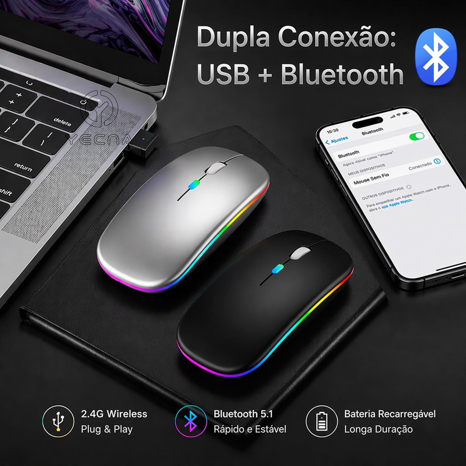 Mouse Bluetooth Recarregável sem Fio Dupla Conexão, e USB, Wireless Mouse compatível com iPhone, MacBook,iPad,Laptop,PC,Notebook, Tablet,Ergonômico, Premium Yecna (Preto): imagem principal