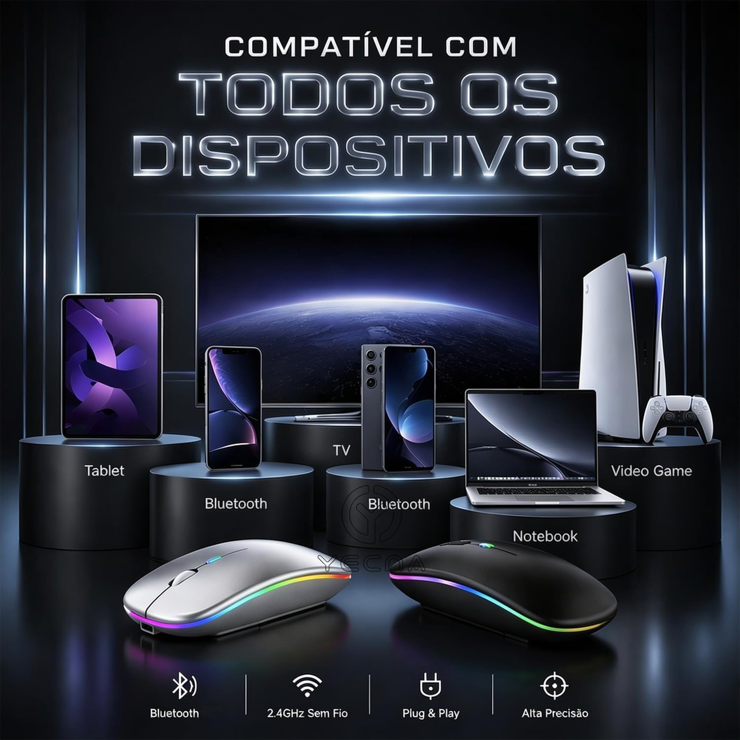Mouse Bluetooth Recarregável sem Fio Dupla Conexão, e USB, Wireless Mouse compatível com iPhone, MacBook,iPad,Laptop,PC,Notebook, Tablet,Ergonômico, Premium Yecna (Preto): imagem adicional