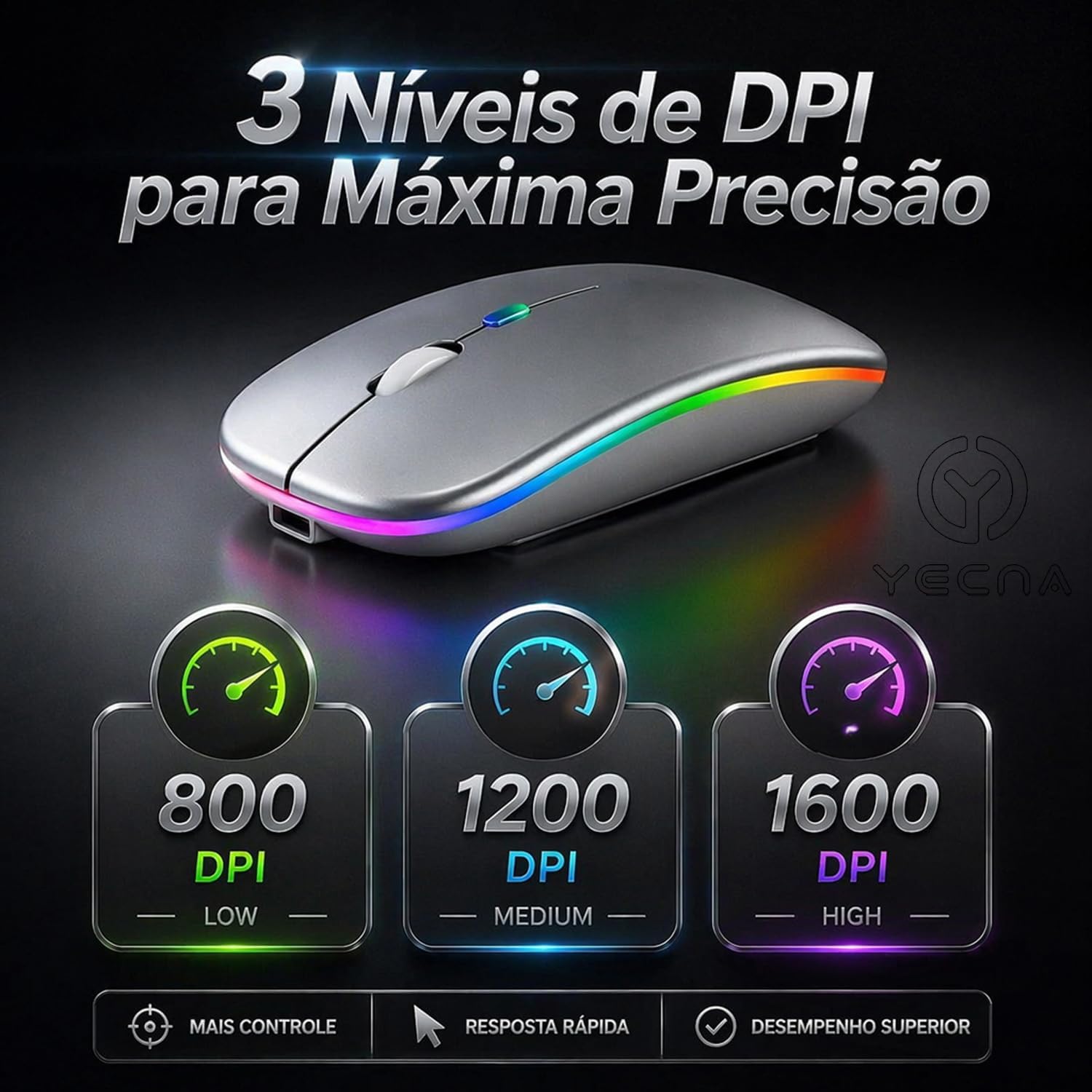 Mouse Bluetooth Recarregável sem Fio Dupla Conexão, e USB, Wireless Mouse compatível com iPhone, MacBook,iPad,Laptop,PC,Notebook, Tablet,Ergonômico, Premium Yecna (Preto): imagem adicional