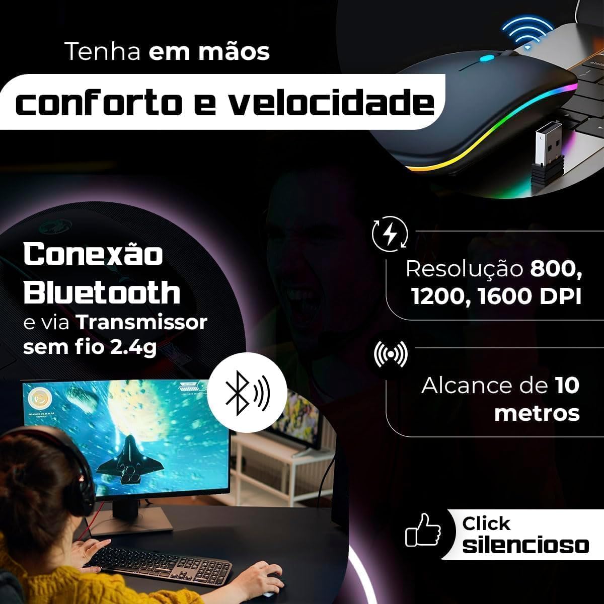 Mouse Sem Fio Recarregável Wireless Bluetooth Optico Led Rgb Colorido Ergonômico Usb 2.4 Ghz Notebook Computador Pc Desktop Linha Premium - Cores Sortidas: imagem adicional