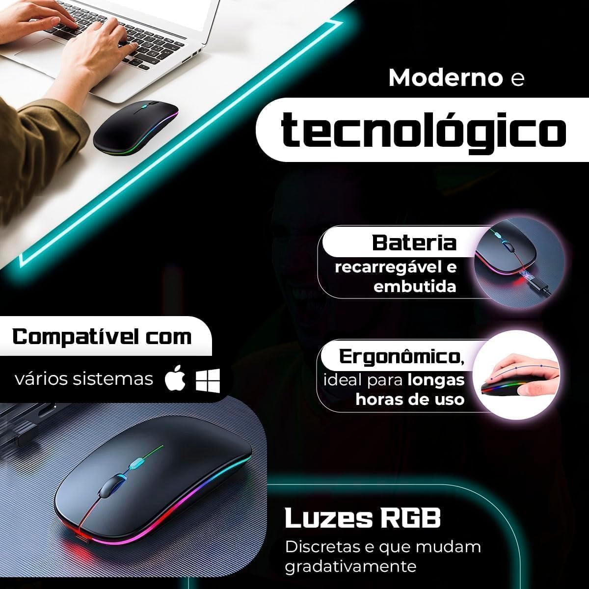 Mouse Sem Fio Recarregável Wireless Bluetooth Optico Led Rgb Colorido Ergonômico Usb 2.4 Ghz Notebook Computador Pc Desktop Linha Premium - Cores Sortidas: imagem adicional