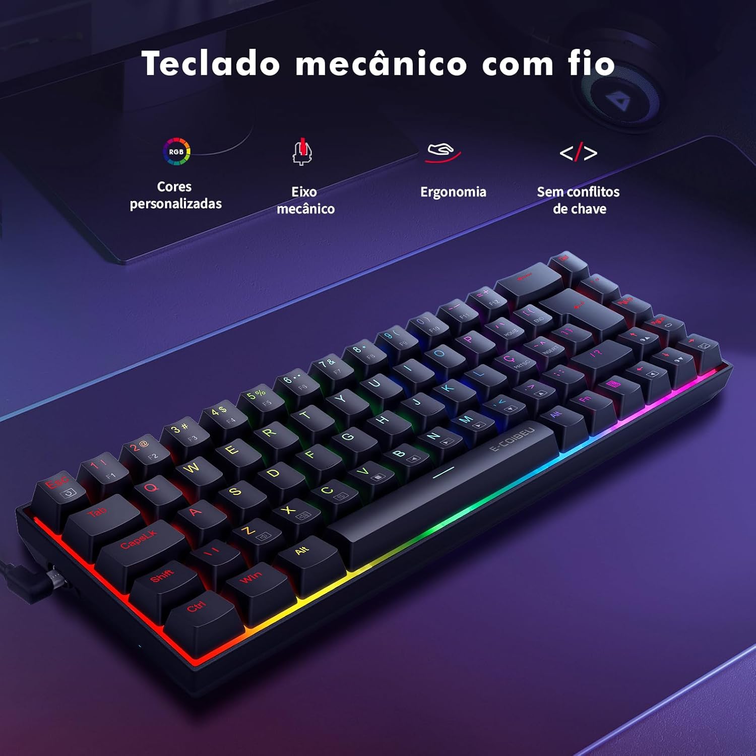 Teclado Gamer Mecanico, RGB, Switch Vermelho Hot-Swap, Anti-Ghosting, USB-C com Fio: imagem principal