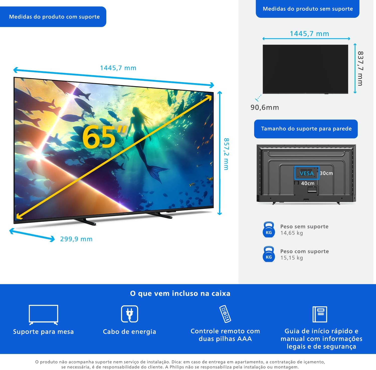 PHILIPS, Smart TV Ambilight 65" 4K, Titan OS, 65PUG8100/78, Comando de Voz, HDR10+/Dolby Atmos, VRR/ALLM, Bluetooth