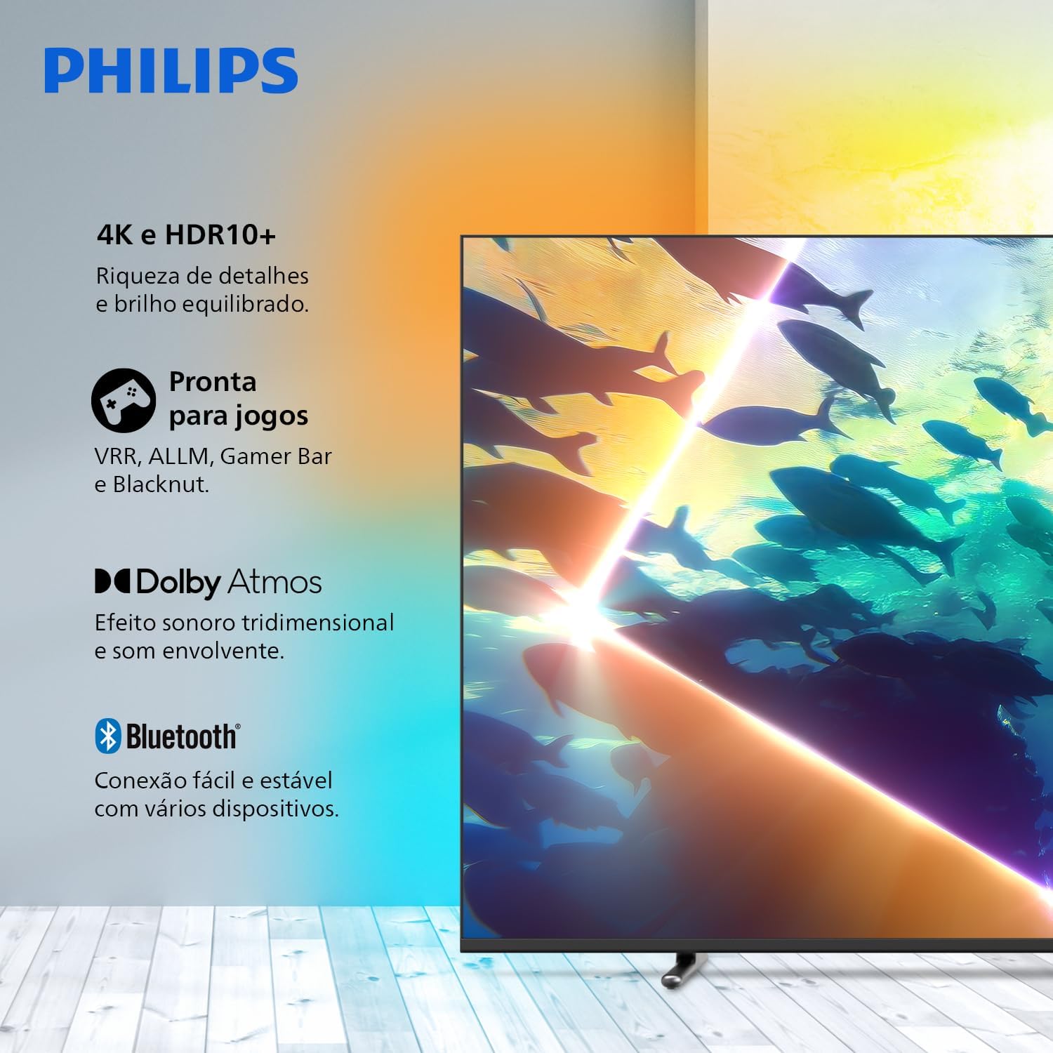 PHILIPS, Smart TV Ambilight 50" 4K, Titan OS, 50PUG8100/78, Comando de Voz, HDR10+/Dolby Atmos, VRR/ALLM, Bluetooth: imagem adicional