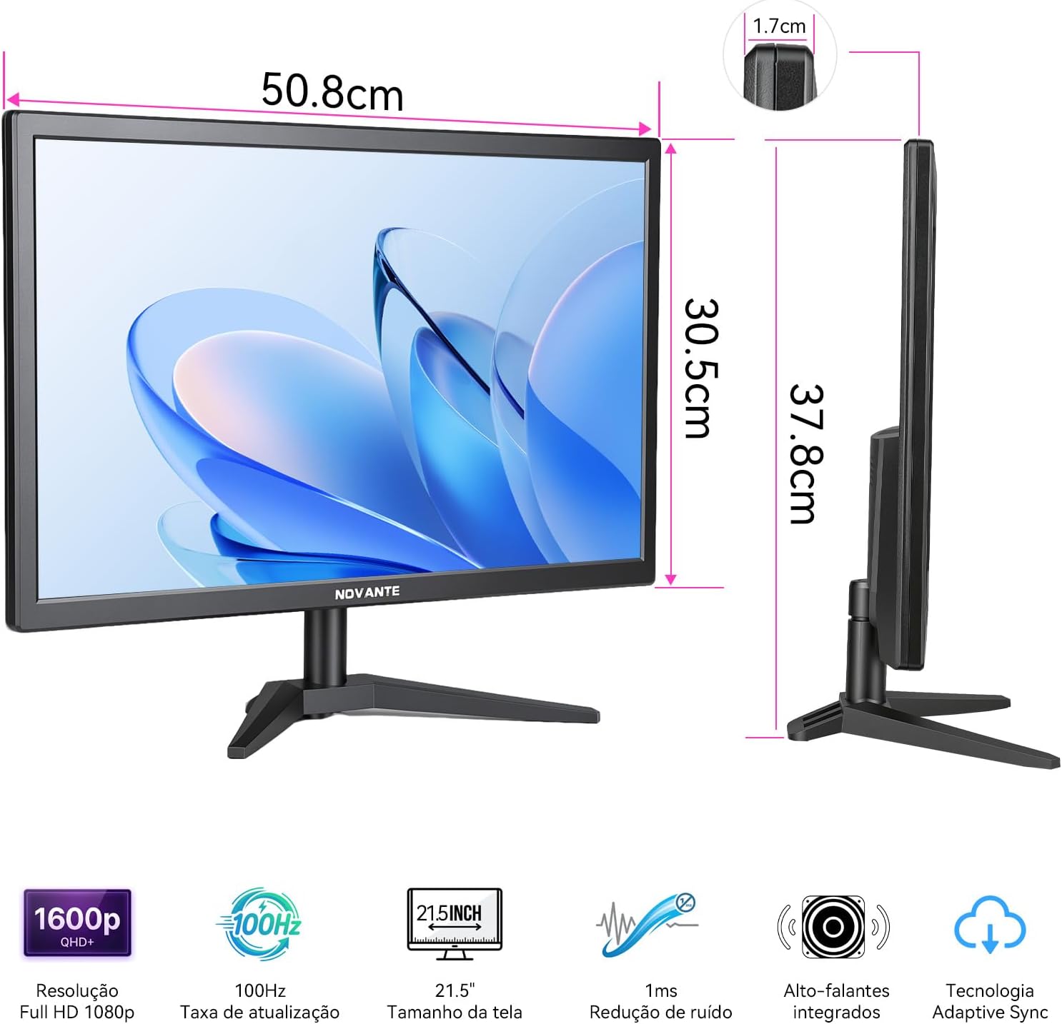 Monitor 21,5 Polegadas, Alto-falantes Integrados, Full HD 1920x1080, 100 Hz, 230cd/m², HDMI/VGA/3.55(110-240V): imagem adicional