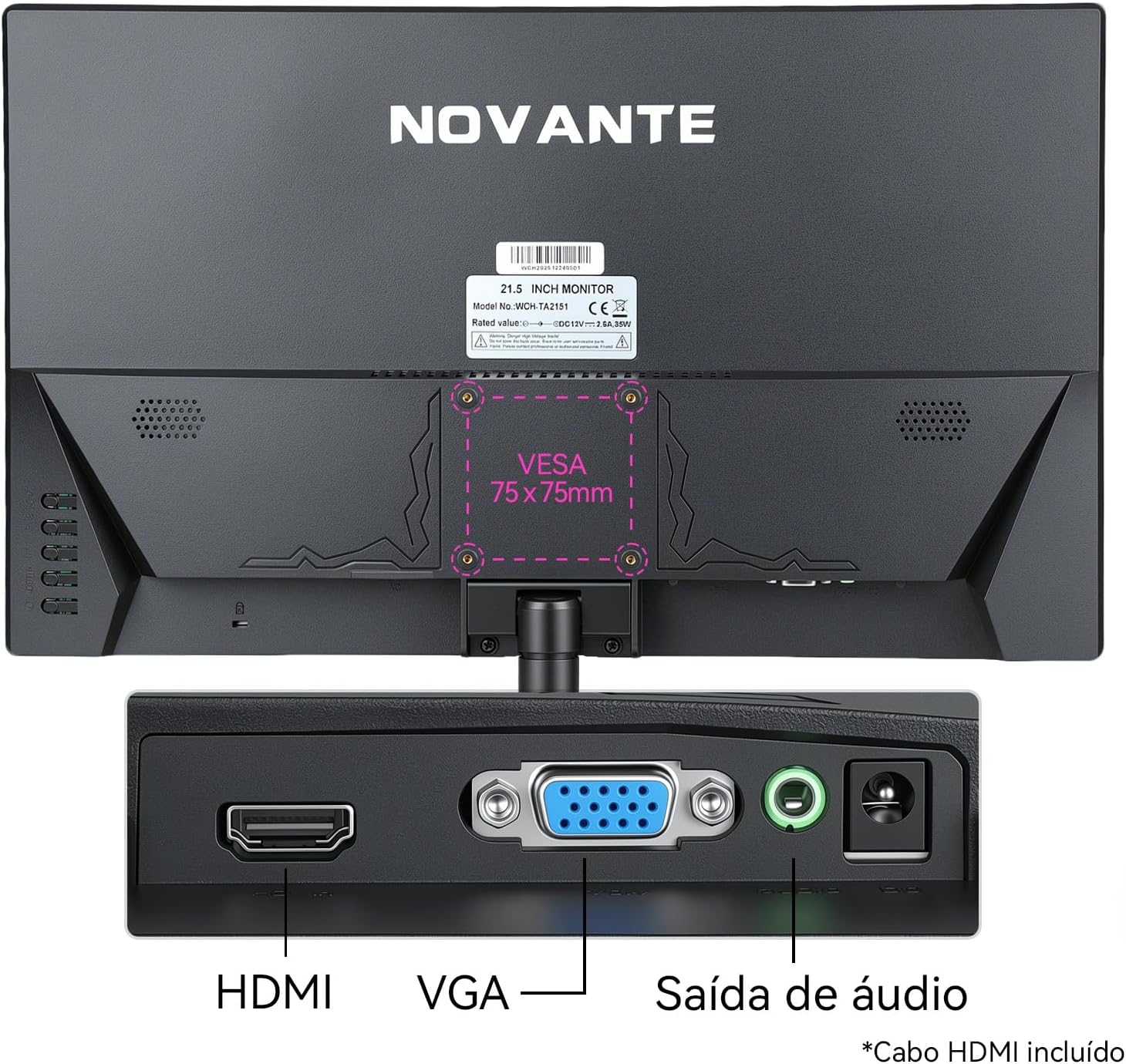 Monitor 21,5 Polegadas, Alto-falantes Integrados, Full HD 1920x1080, 100 Hz, 230cd/m², HDMI/VGA/3.55(110-240V): imagem adicional