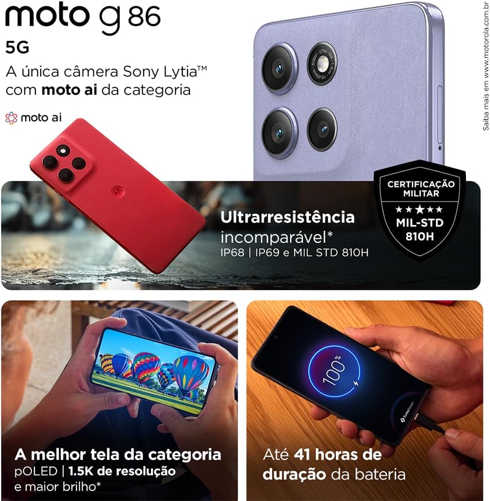 Smartphone Motorola Moto g86 5G - 512GB 12GB RAM+12GB Ram Boost Tela 1.5K pOLED, 50MP Sony camera OIS Moto AI, videos em 4K, IP68 + IP69 - Lilas: imagem adicional