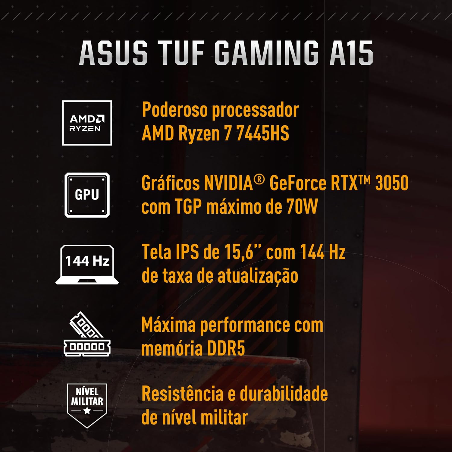 Notebook Gamer ASUS TUF Gaming A15, RTX3050 AMD RYZEN 7, 16 GB, 512 GB SSD, W11 Home, 15.6'' IPS 144Hz, Graphite Black - FA506NCG-HN217W: imagem adicional