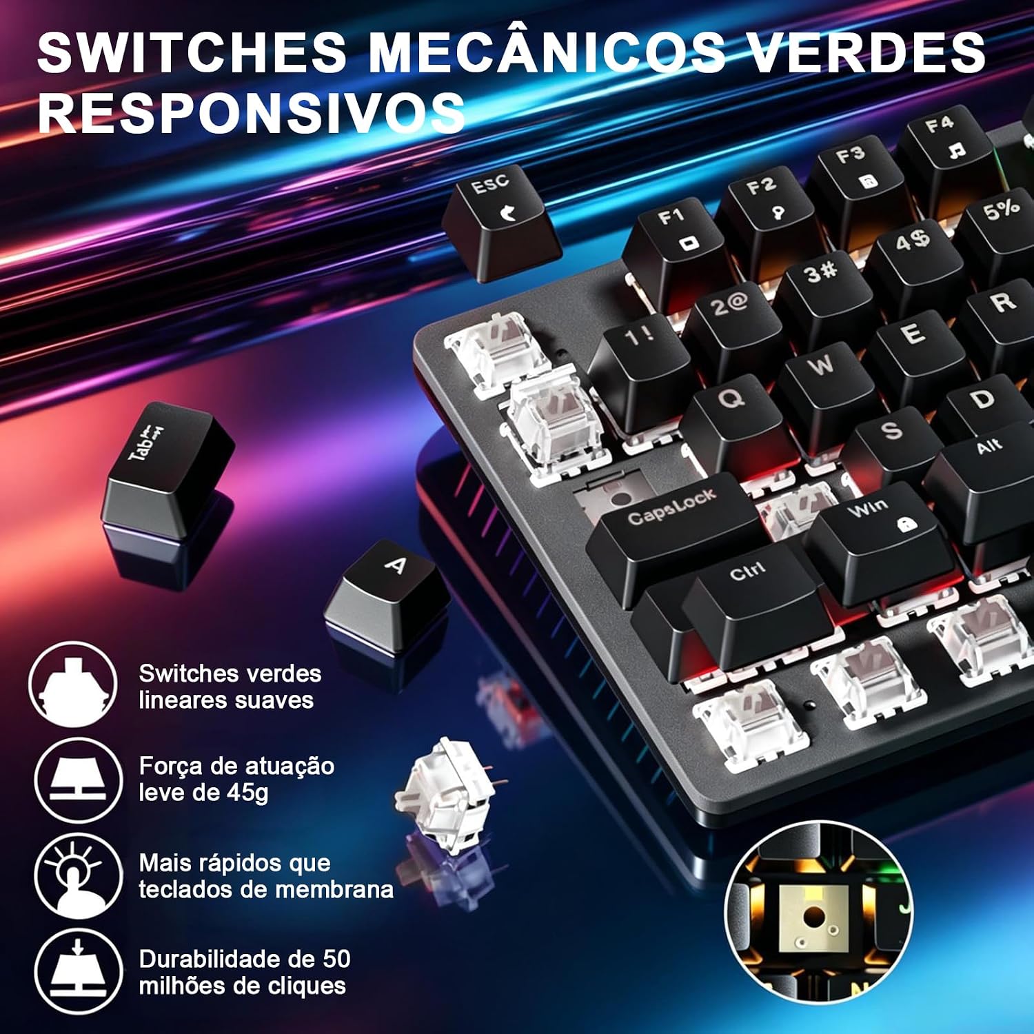 Teclado Mecânico para Jogos com Fio 98 Teclas, 17 Modos de Iluminação RGB, Sem Fantasmas, Compatível com PC, Notebook e Mac: imagem adicional