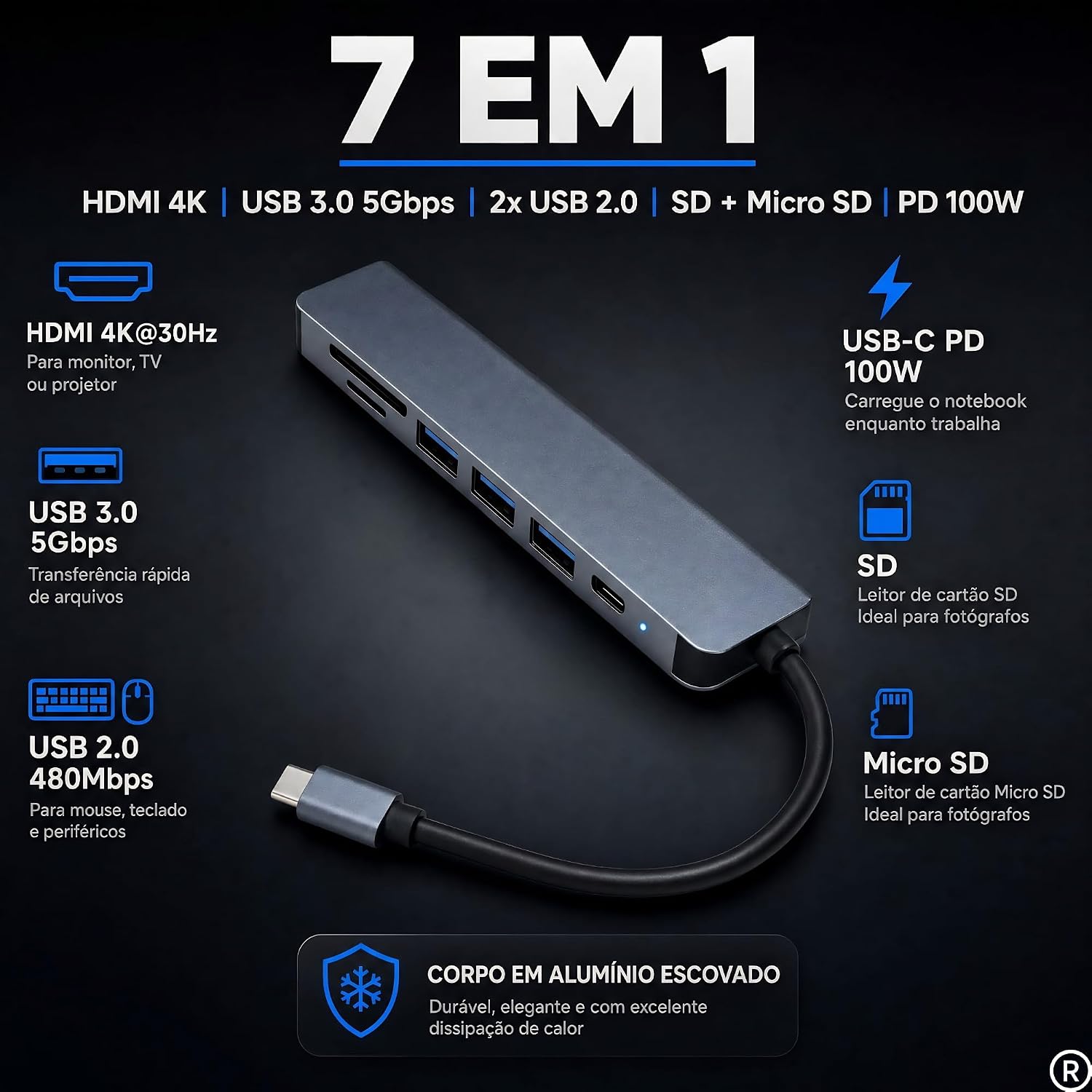 Hub USB-C 3.0 Extensor Adaptador Multifunções 7 em 1 - Estrura em Alumínio: imagem adicional