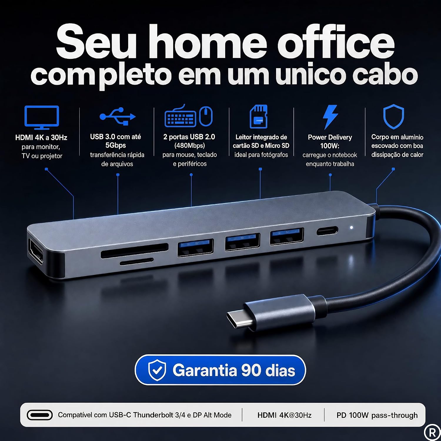 Hub USB-C 3.0 Extensor Adaptador Multifunções 7 em 1 - Estrura em Alumínio: imagem adicional