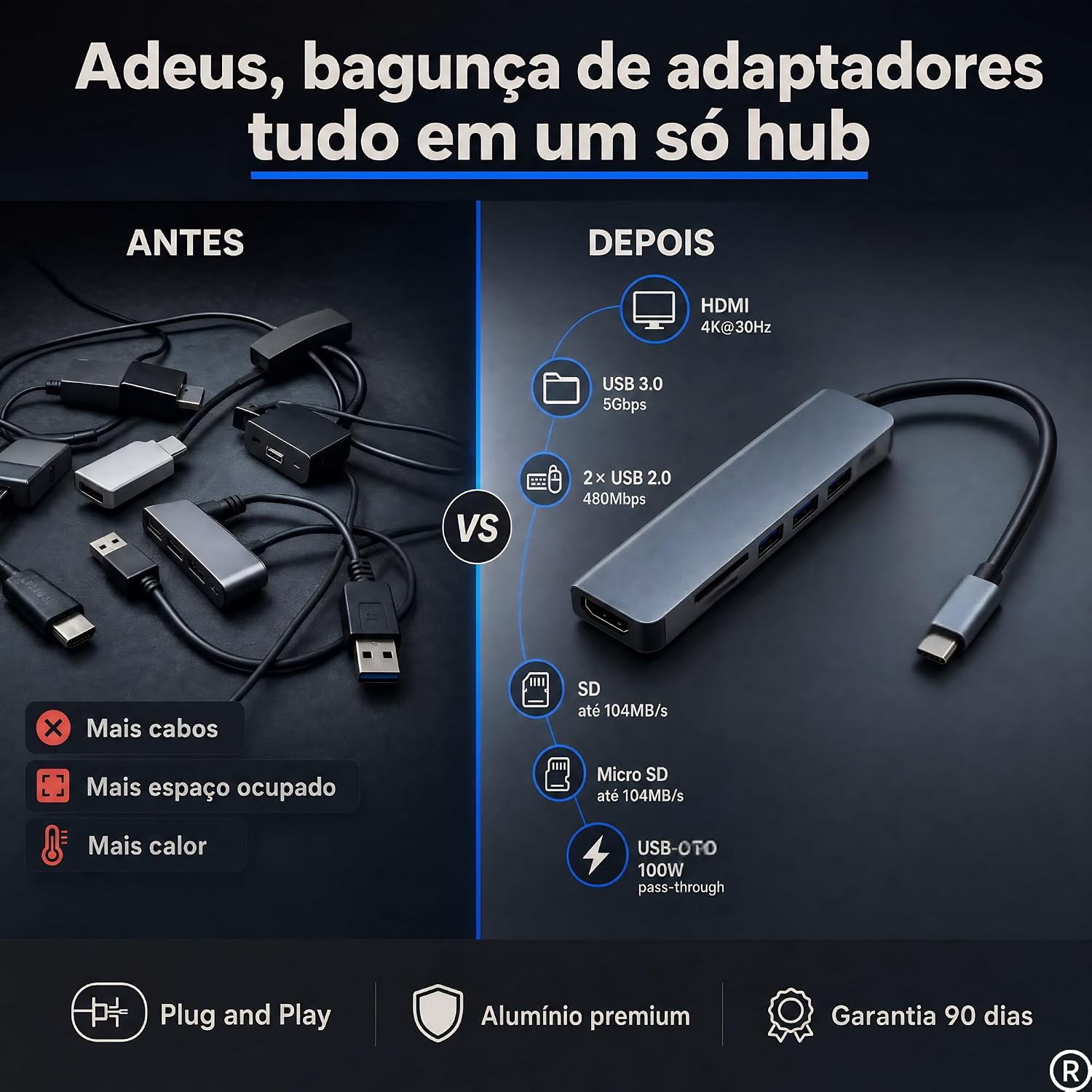 Hub USB-C 3.0 Extensor Adaptador Multifunções 7 em 1 - Estrura em Alumínio: imagem adicional