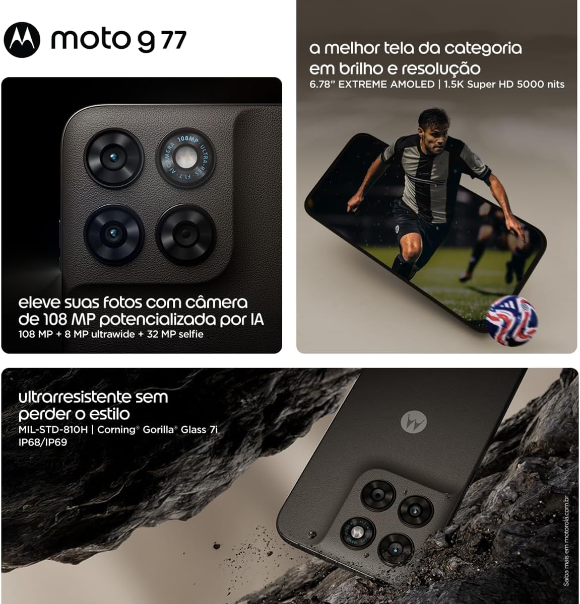 Smartphone Motorola Moto G77 5g - 256GB 24GB (8GB RAM + 16GB RAM Boost) camera 108MP Ultra-Pixel, tela 1.5k extreme Amoled 120hz, ultrarresistente - Marrom: imagem adicional