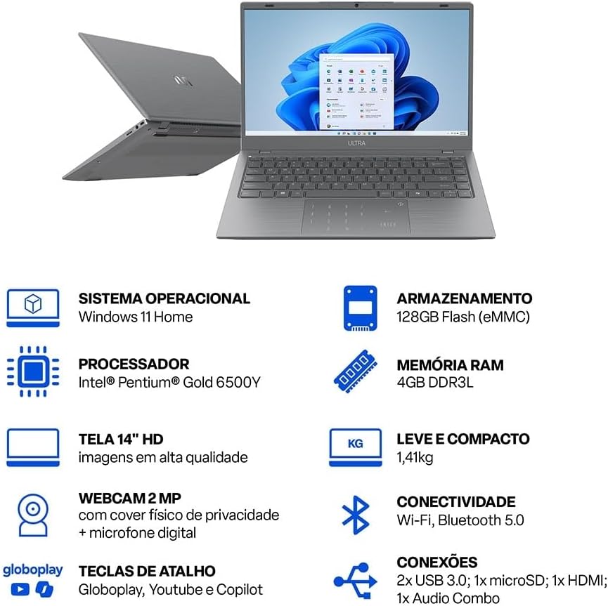 Notebook Multi Ultra Tela 14" HD Intel Pentium Gold 6500Y 4GB RAM 128GB Windows 11 Home - UB364: imagem adicional