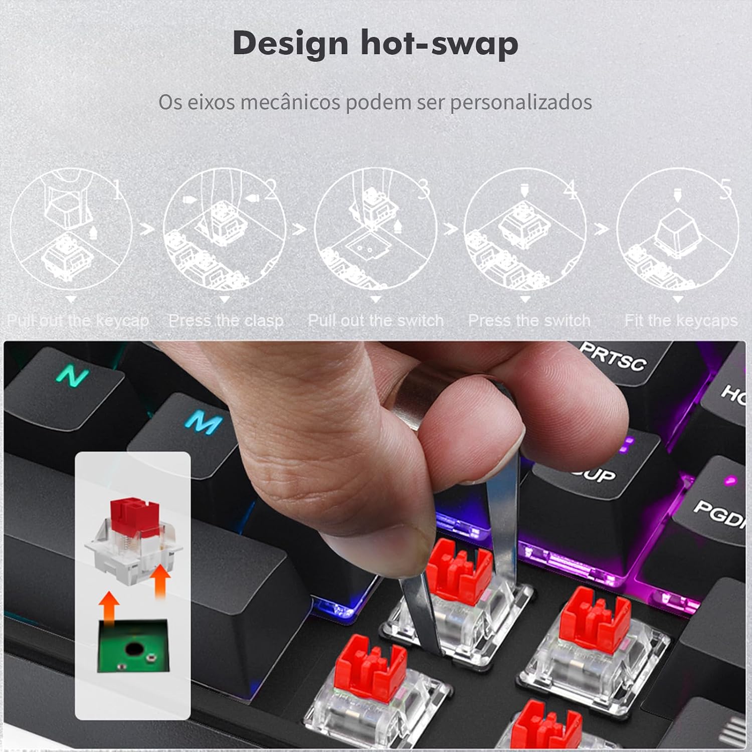 Teclado Mecânico Gamer com Fio 95 Teclas, RGB com 20 Modos de Iluminação, Switch Vermelho Hot Swap, Anti Ghosting, Teclado Compacto USB para PC, Notebook, Windows e Mac (Preto): imagem adicional