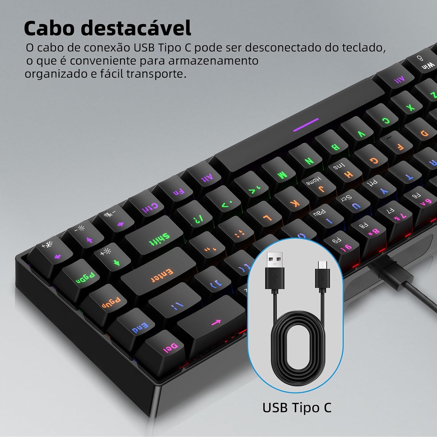 Teclado Mecânico com Fio A1802, Gamer Switch Red Vermelho 68 Teclas Semi 65%, Iluminação RGB com 17 Modos, Hot-Swap, Teclas Anti-Ghosting, Preto: imagem adicional