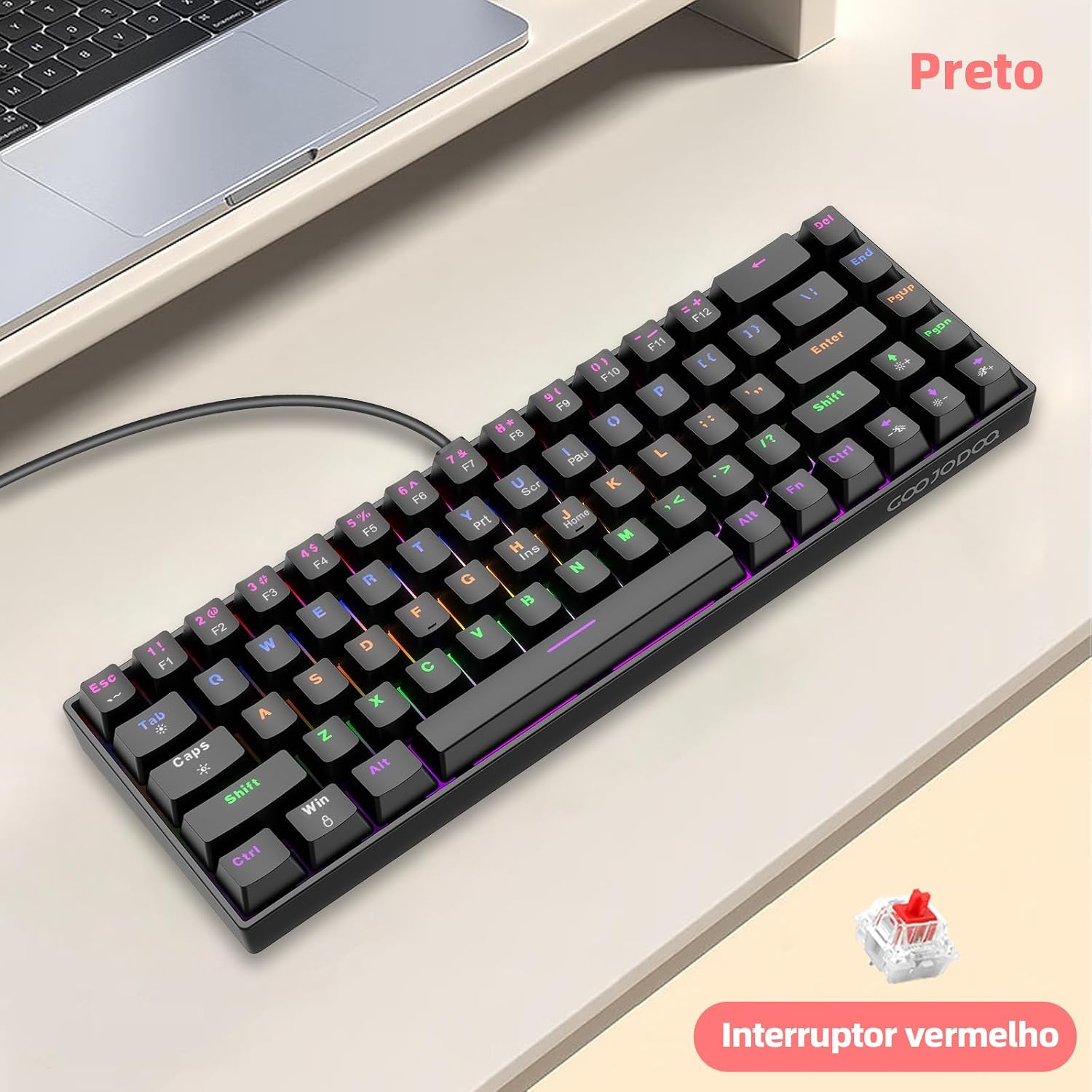Teclado Mecânico com Fio A1802, Gamer Switch Red Vermelho 68 Teclas Semi 65%, Iluminação RGB com 17 Modos, Hot-Swap, Teclas Anti-Ghosting, Preto: imagem adicional