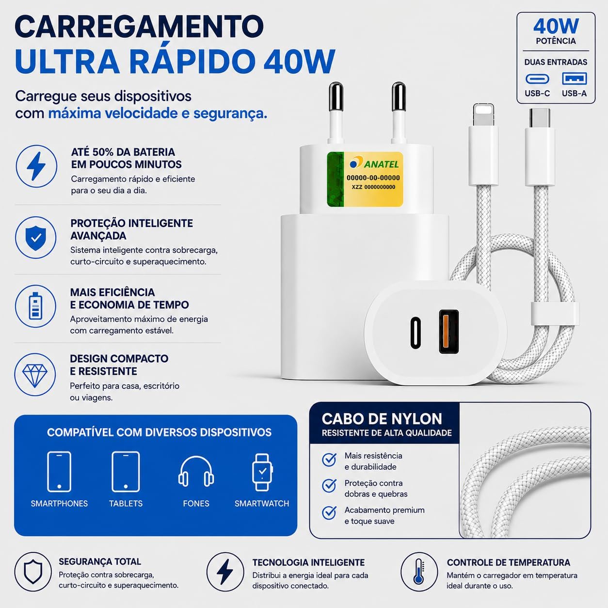 Carregador Turbo 40W USB-C + USB-A Compatível com IPhone 8 X Xr 11 12 13 14, Bivolt 110/220V - CABO DE NYLON - Carregamento POWER DUO: imagem principal