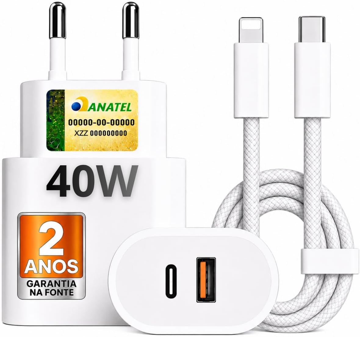 Carregador Turbo 40W USB-C + USB-A Compatível com IPhone 8 X Xr 11 12 13 14, Bivolt 110/220V - CABO DE NYLON - Carregamento POWER DUO: imagem adicional