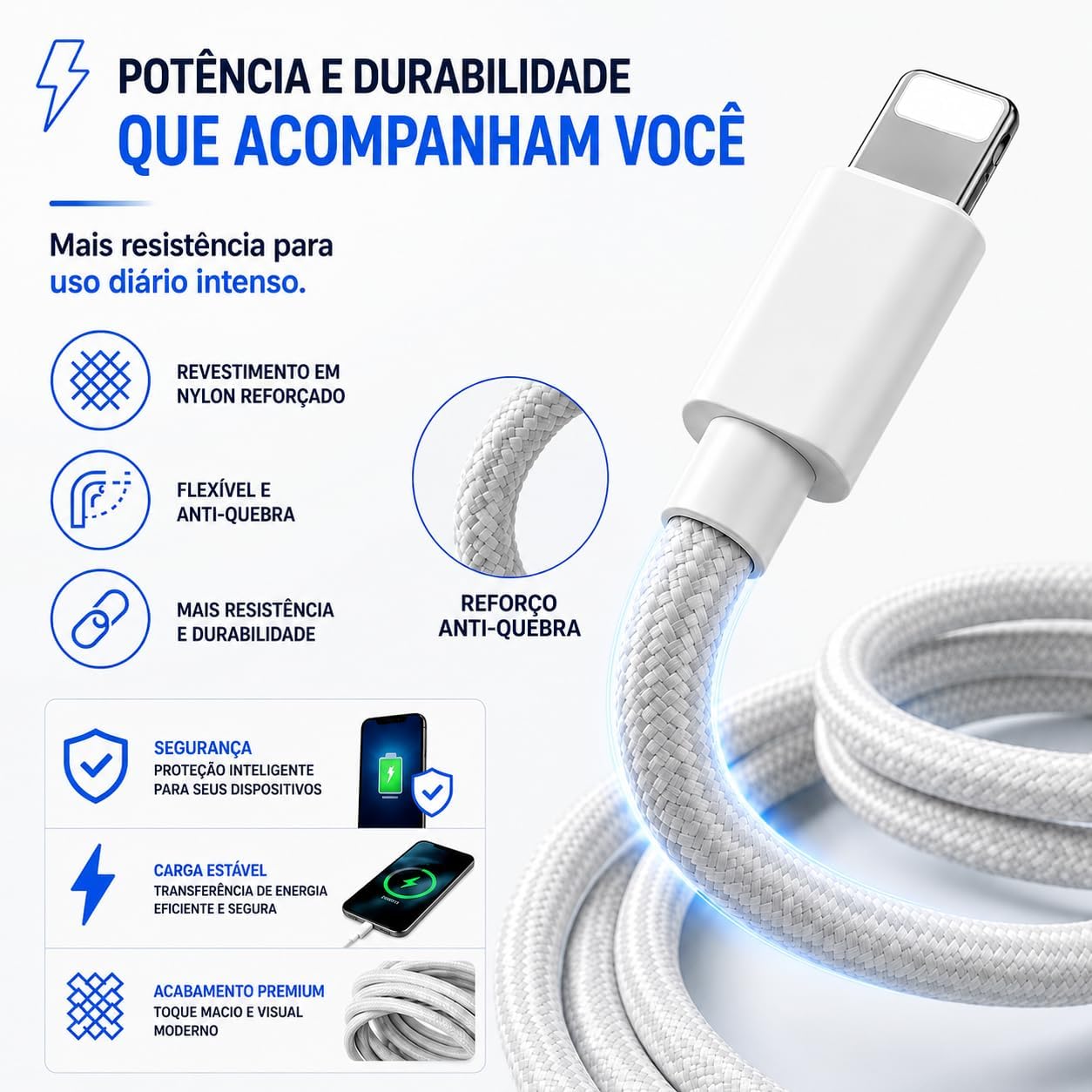 Carregador Turbo 40W USB-C + USB-A Compatível com IPhone 8 X Xr 11 12 13 14, Bivolt 110/220V - CABO DE NYLON - Carregamento POWER DUO: imagem adicional