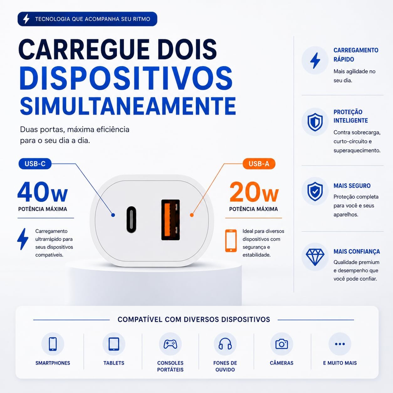 Carregador Turbo 40W USB-C + USB-A Compatível com IPhone 8 X Xr 11 12 13 14, Bivolt 110/220V - CABO DE NYLON - Carregamento POWER DUO: imagem adicional