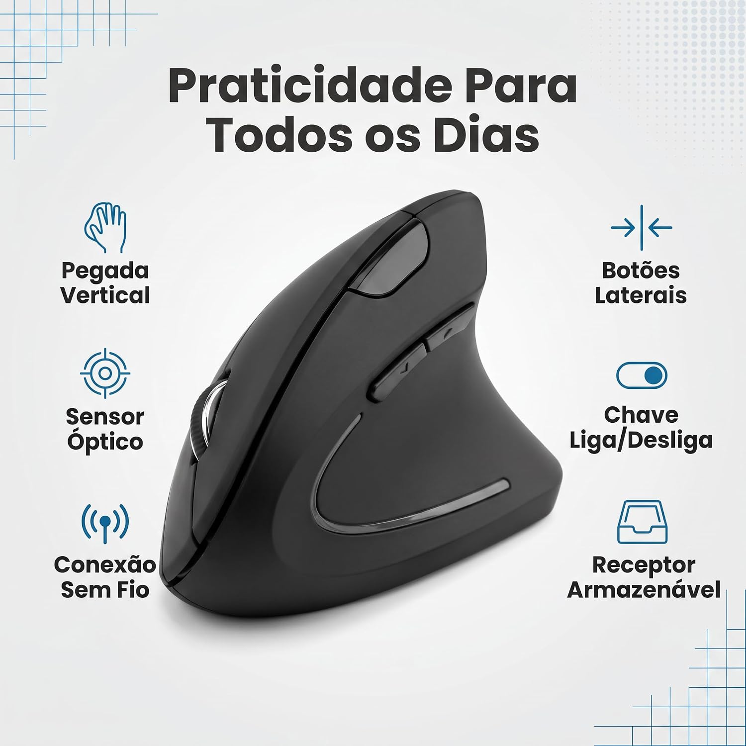Mouse Vertical Ergonômico Sem Fio 2,4 GHz, Receptor USB-A, Preto, Design Ortopédico DPI Ajustável, Plug and Play, Usa 2 Pilhas AAA: imagem adicional