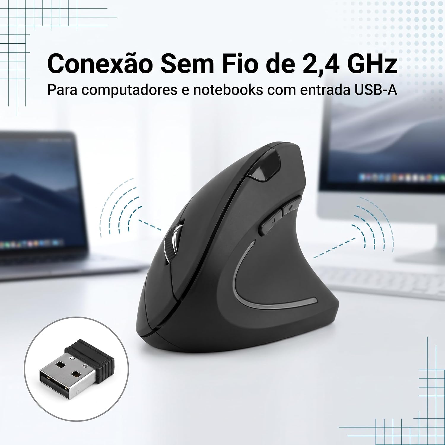 Mouse Vertical Ergonômico Sem Fio 2,4 GHz, Receptor USB-A, Preto, Design Ortopédico DPI Ajustável, Plug and Play, Usa 2 Pilhas AAA: imagem adicional