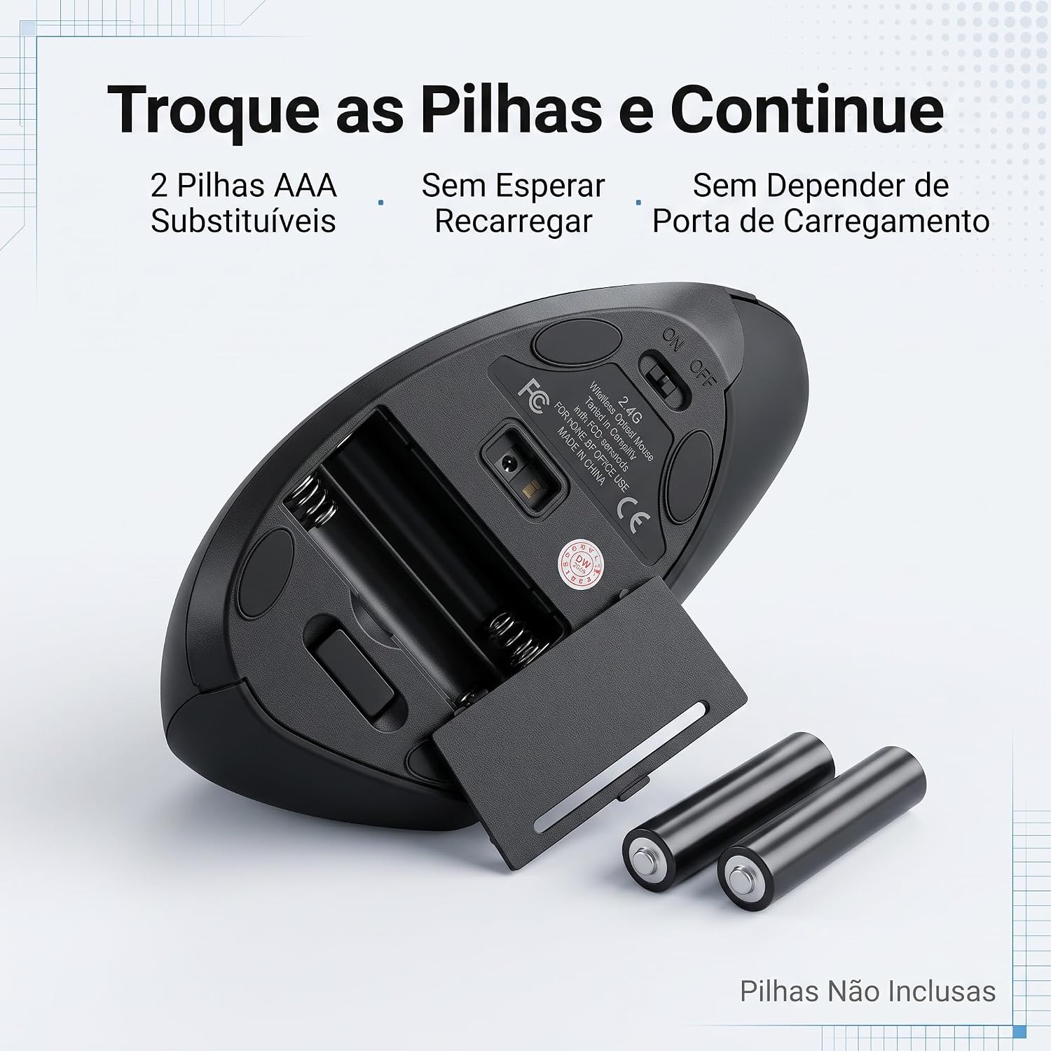Mouse Vertical Ergonômico Sem Fio 2,4 GHz, Receptor USB-A, Preto, Design Ortopédico DPI Ajustável, Plug and Play, Usa 2 Pilhas AAA: imagem adicional