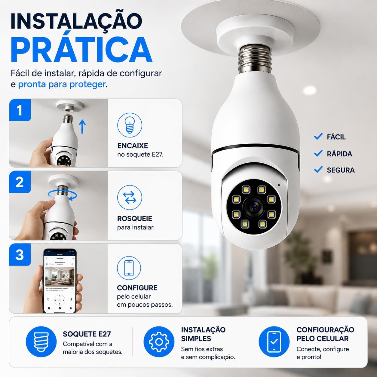 Câmera Segurança IP Lâmpada WiFi Full HD 1080p com Visão Noturna Infravermelho 1080P Bivolt, Detecção de Movimento, Áudio Bidirecional, Prova D'água Giratória (1): imagem adicional