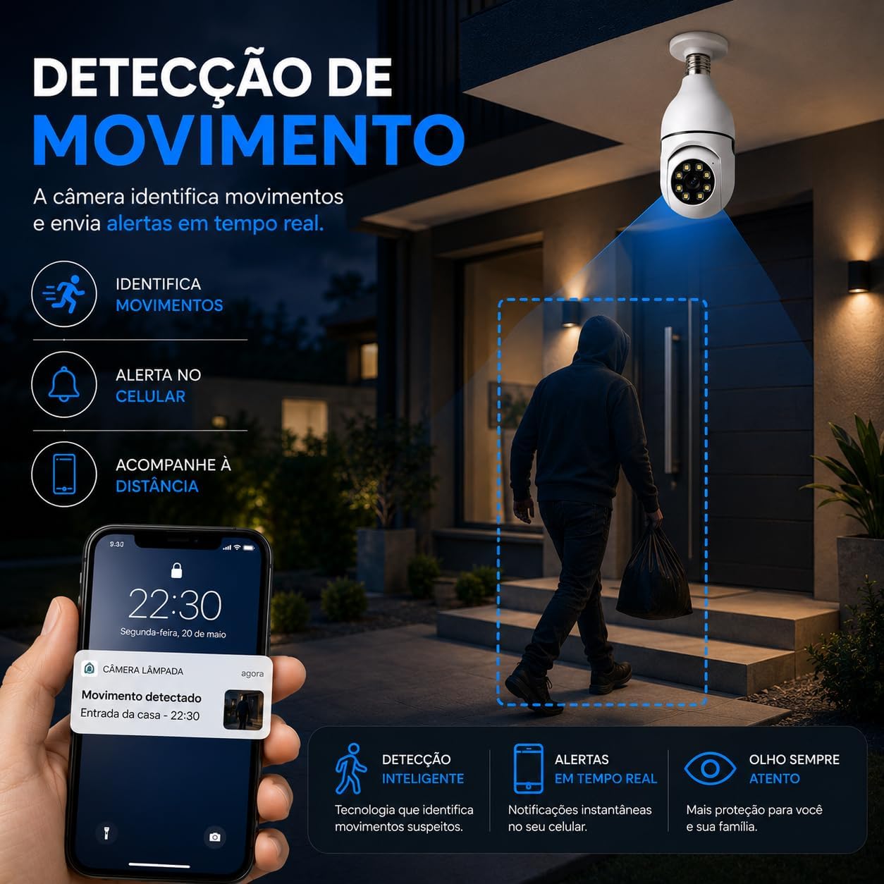 Câmera Segurança IP Lâmpada WiFi Full HD 1080p com Visão Noturna Infravermelho 1080P Bivolt, Detecção de Movimento, Áudio Bidirecional, Prova D'água Giratória (1): imagem adicional