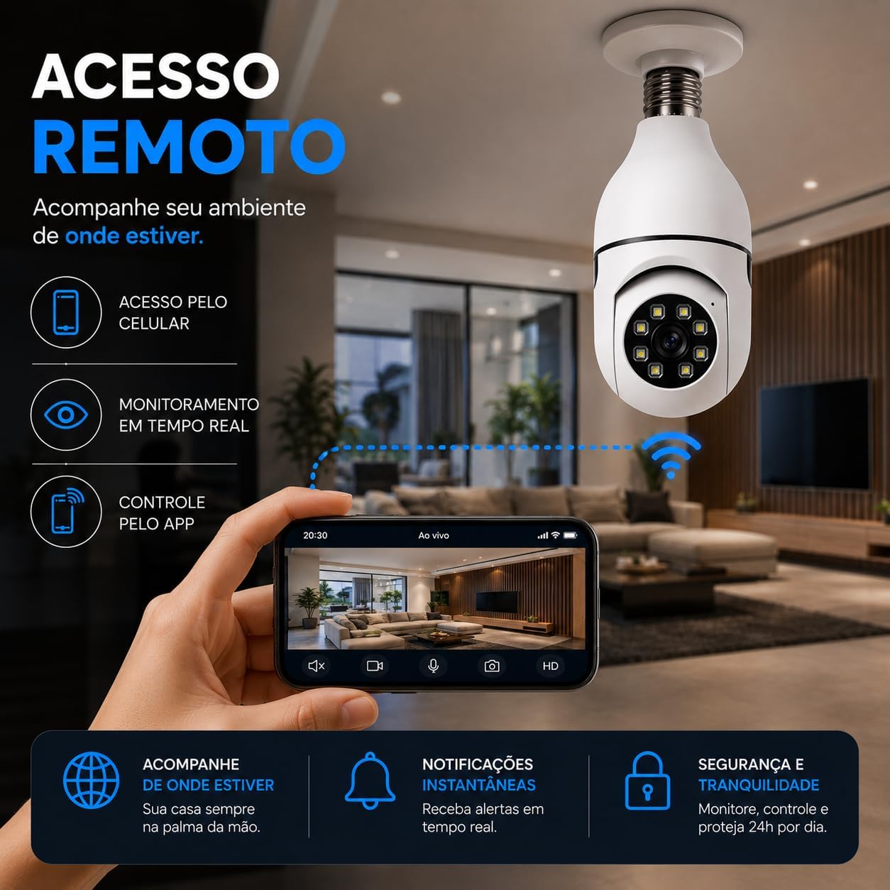 Câmera Segurança IP Lâmpada WiFi Full HD 1080p com Visão Noturna Infravermelho 1080P Bivolt, Detecção de Movimento, Áudio Bidirecional, Prova D'água Giratória (1): imagem adicional
