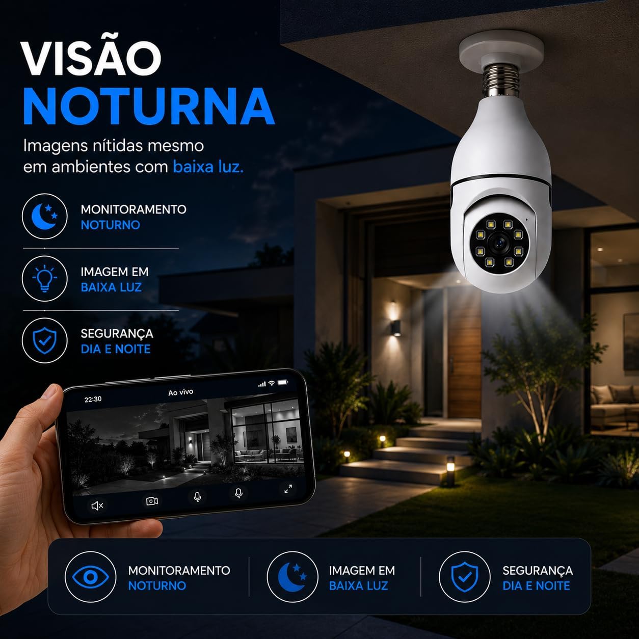 Câmera Segurança IP Lâmpada WiFi Full HD 1080p com Visão Noturna Infravermelho 1080P Bivolt, Detecção de Movimento, Áudio Bidirecional, Prova D'água Giratória (1): imagem adicional