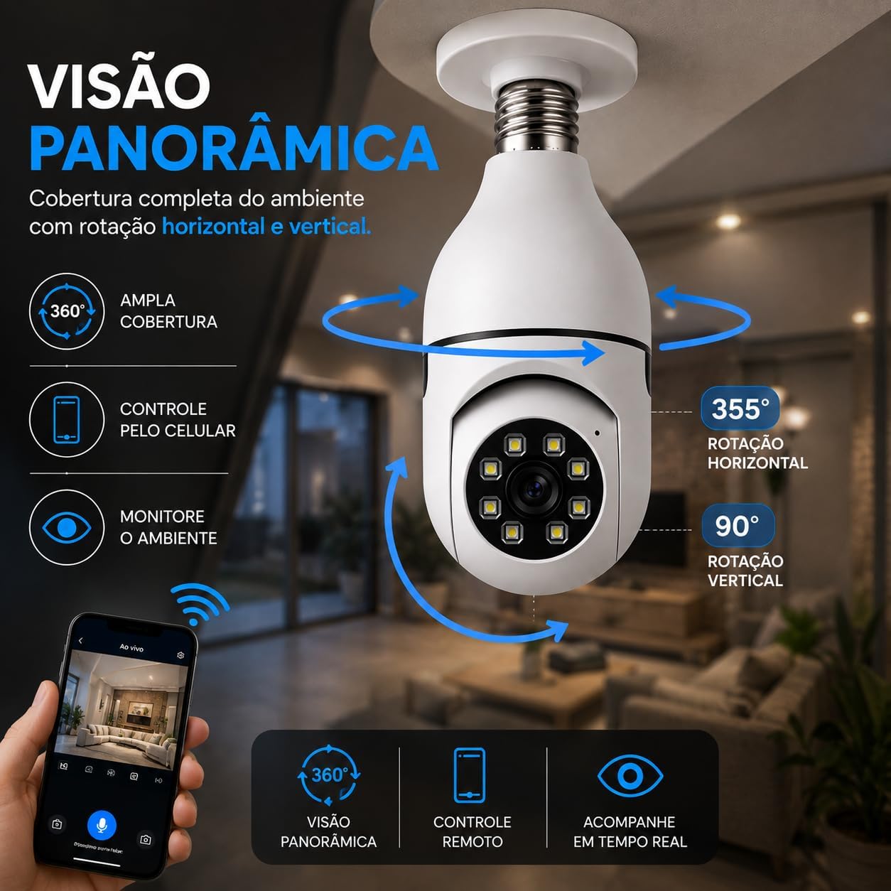 Câmera Segurança IP Lâmpada WiFi Full HD 1080p com Visão Noturna Infravermelho 1080P Bivolt, Detecção de Movimento, Áudio Bidirecional, Prova D'água Giratória (1): imagem adicional